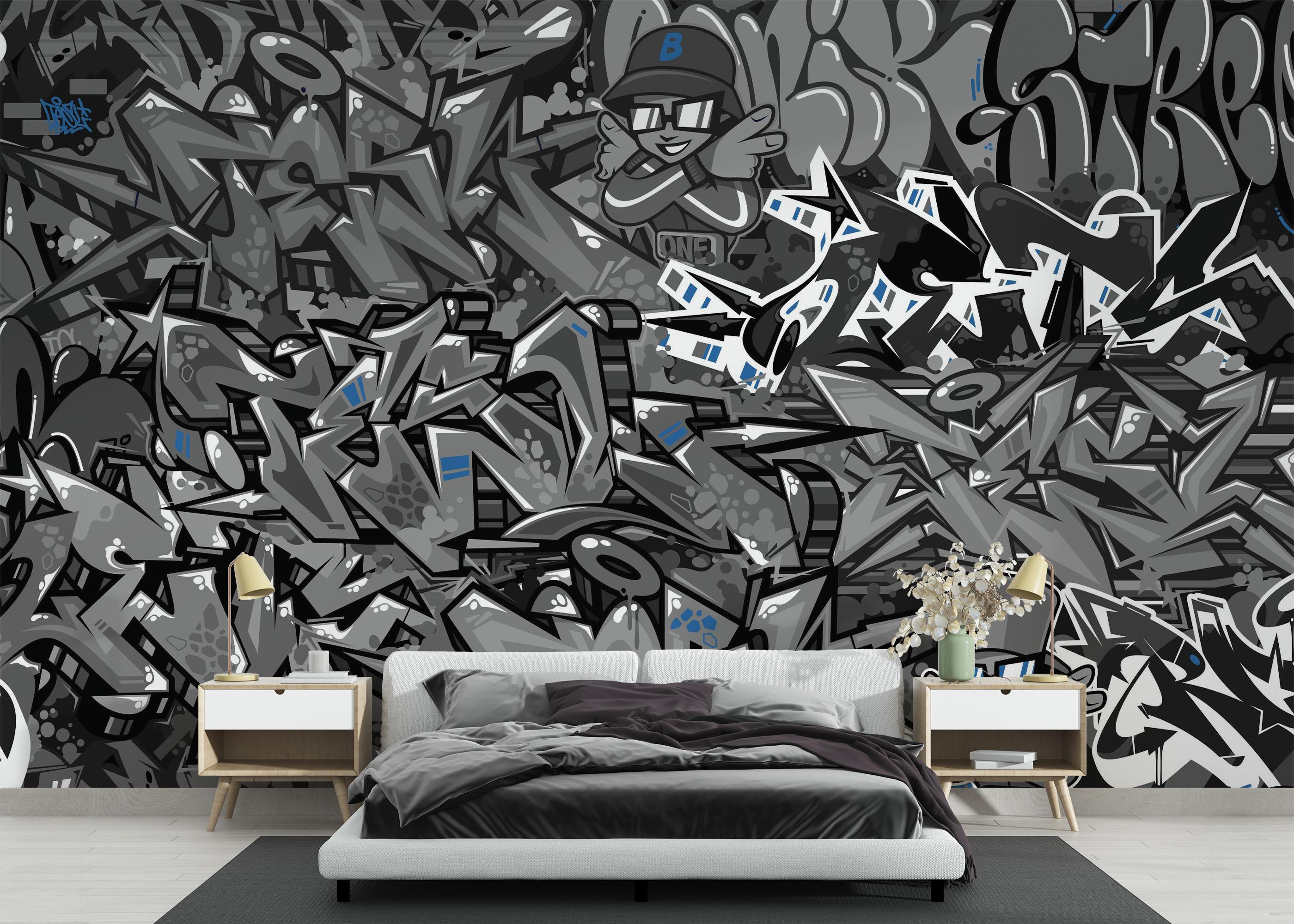 Fototapet Graffiti Grey Blue mockup 3
