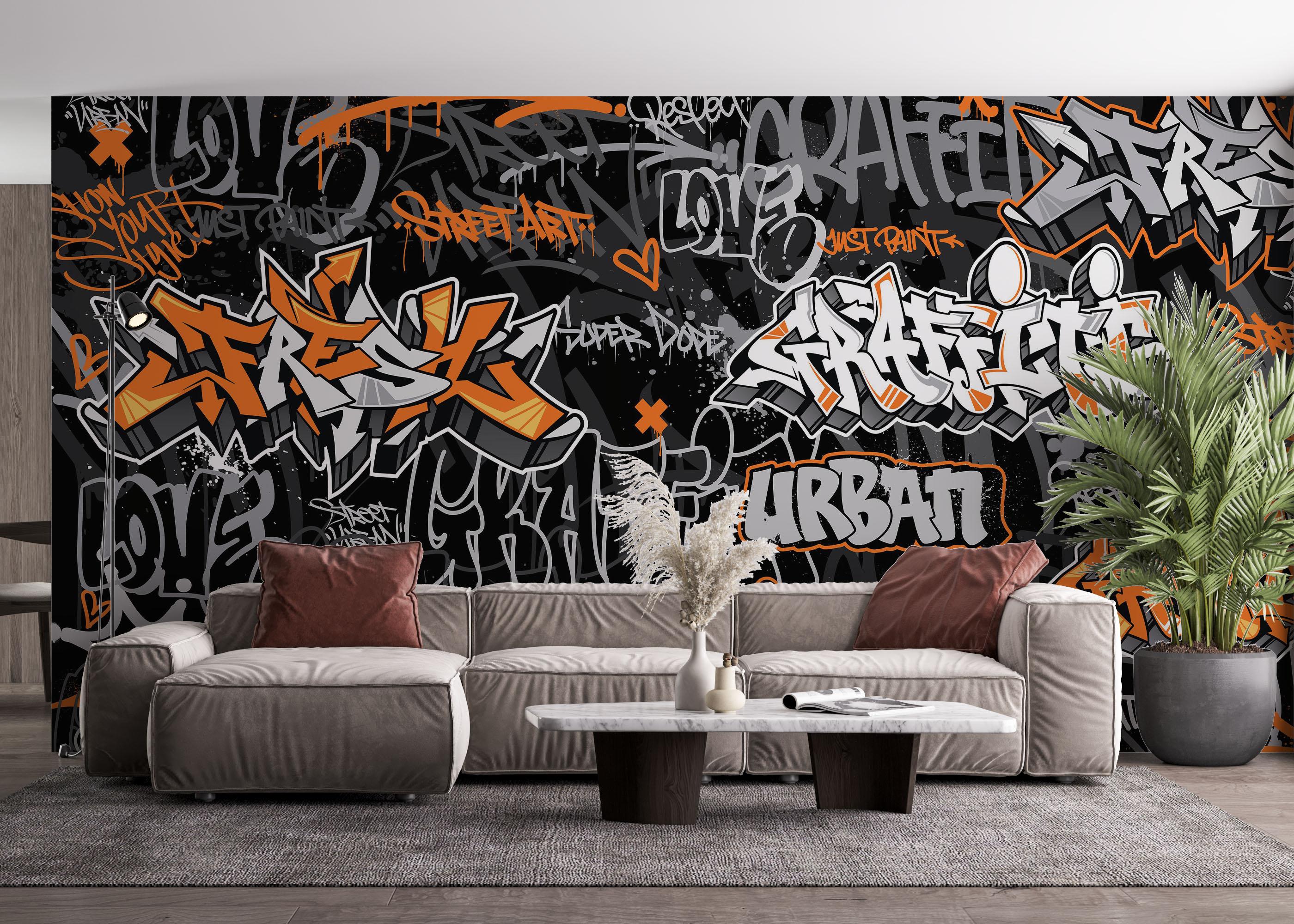 Fototapet Graffiti Orange Grey mockup 4