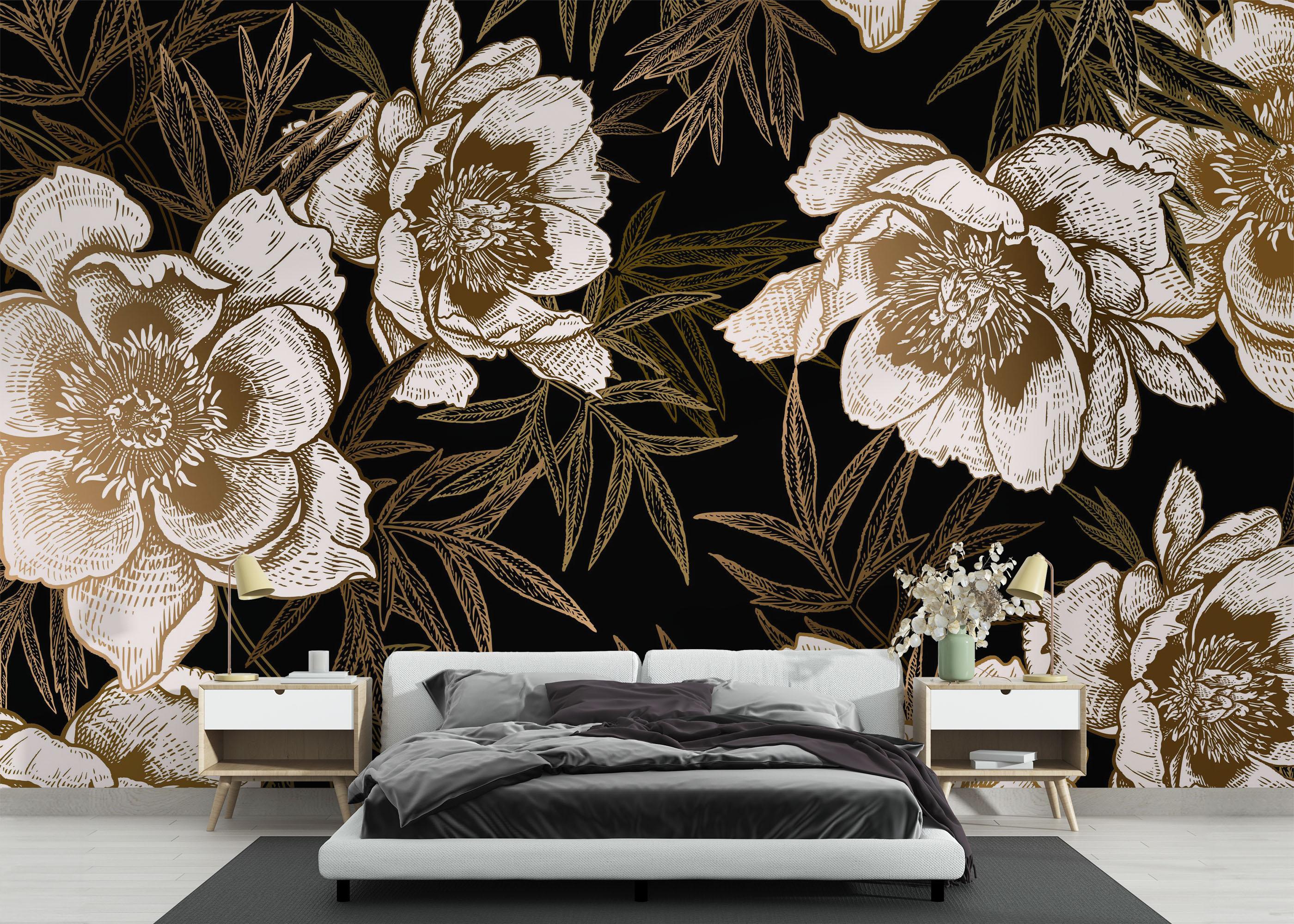 Fototapet Gold Black Peonies mockup 3