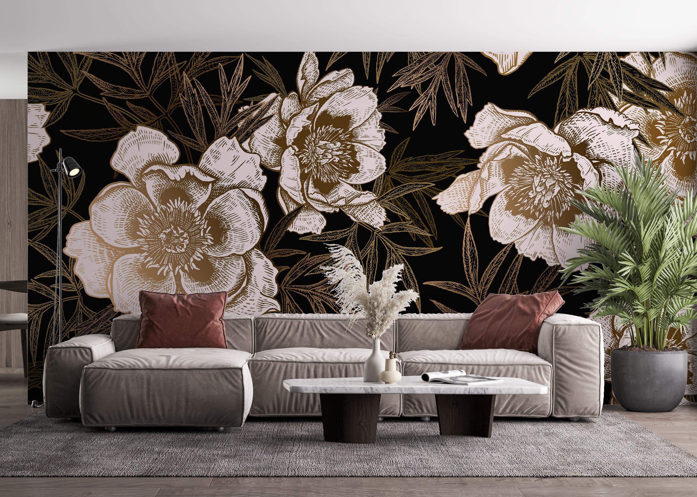 Fototapet Gold Black Peonies mockup 4
