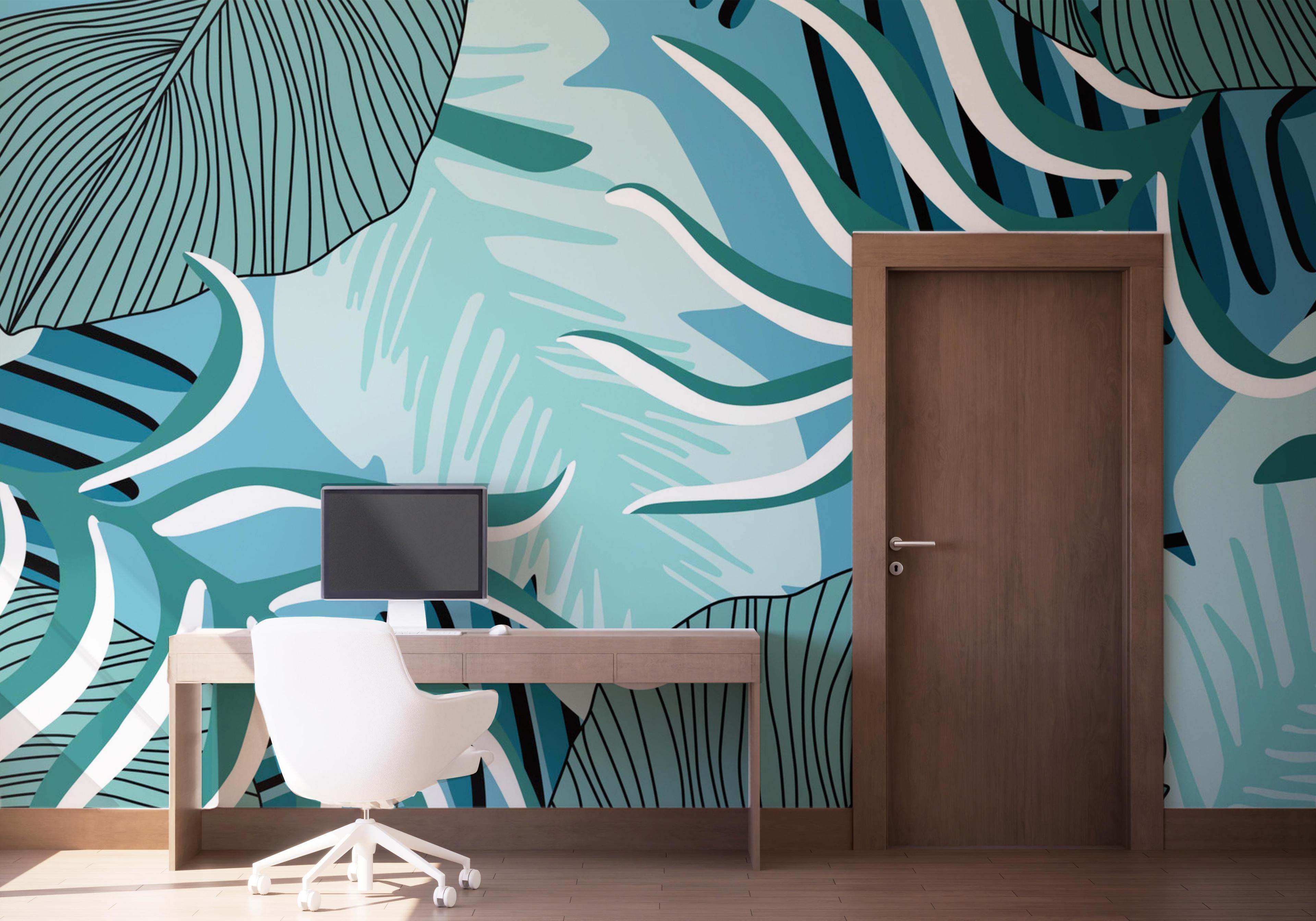 Fototapet Blue Leaves Pattern mockup 1