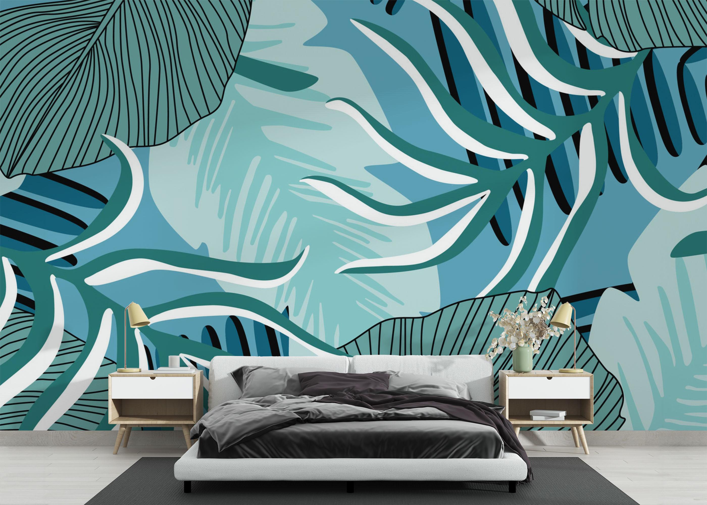 Fototapet Blue Leaves Pattern mockup 3