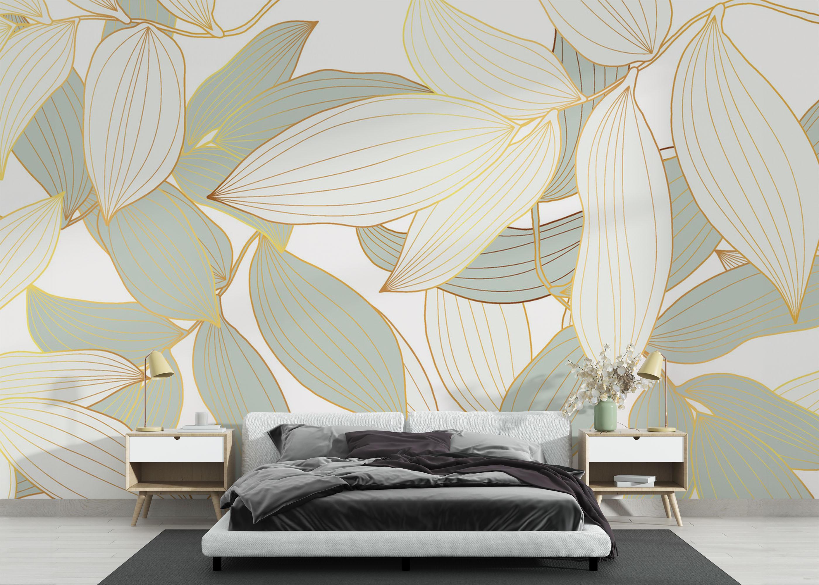 Fototapet Grey Gold Leaves Art mockup 3