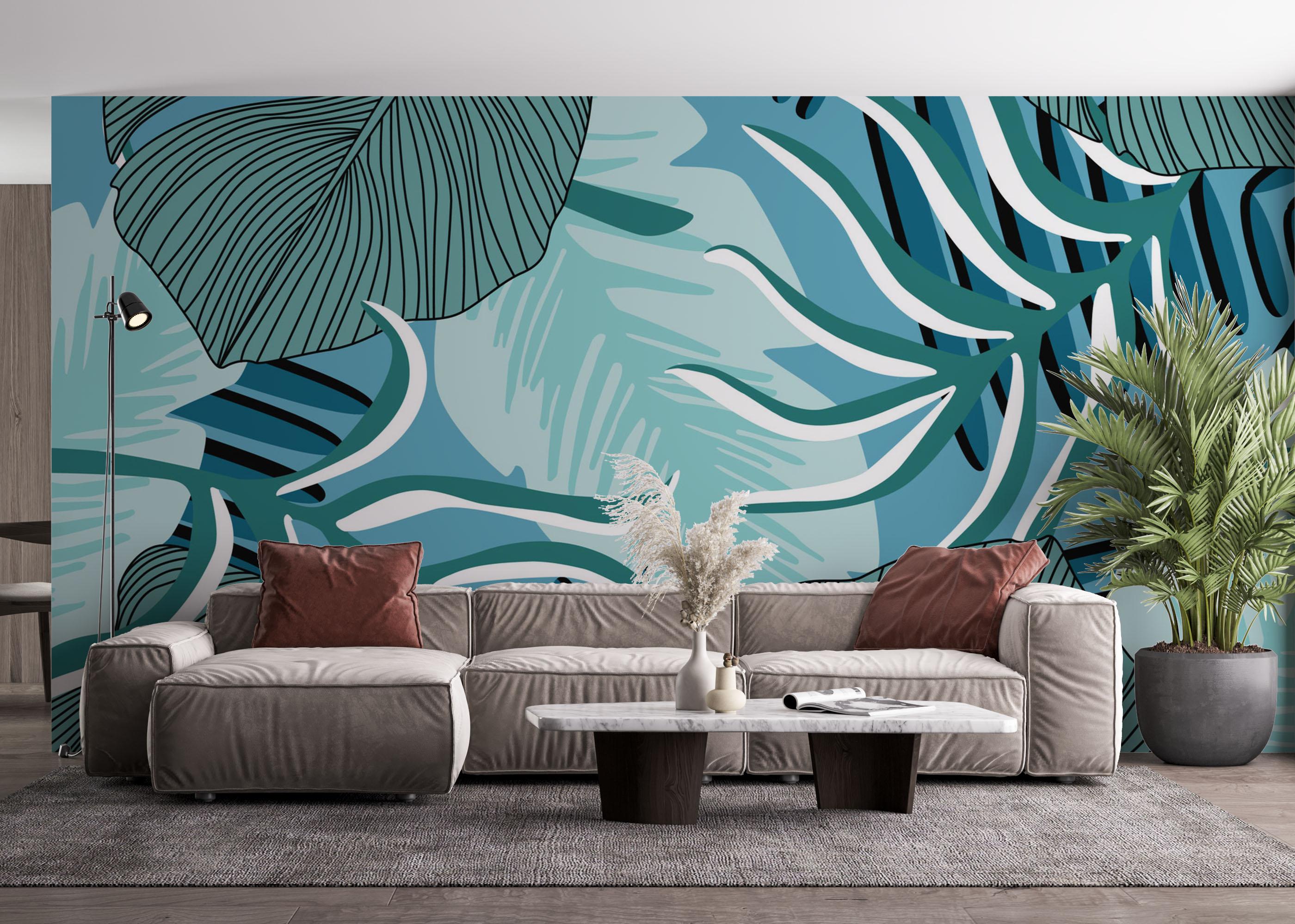 Fototapet Blue Leaves Pattern mockup 4