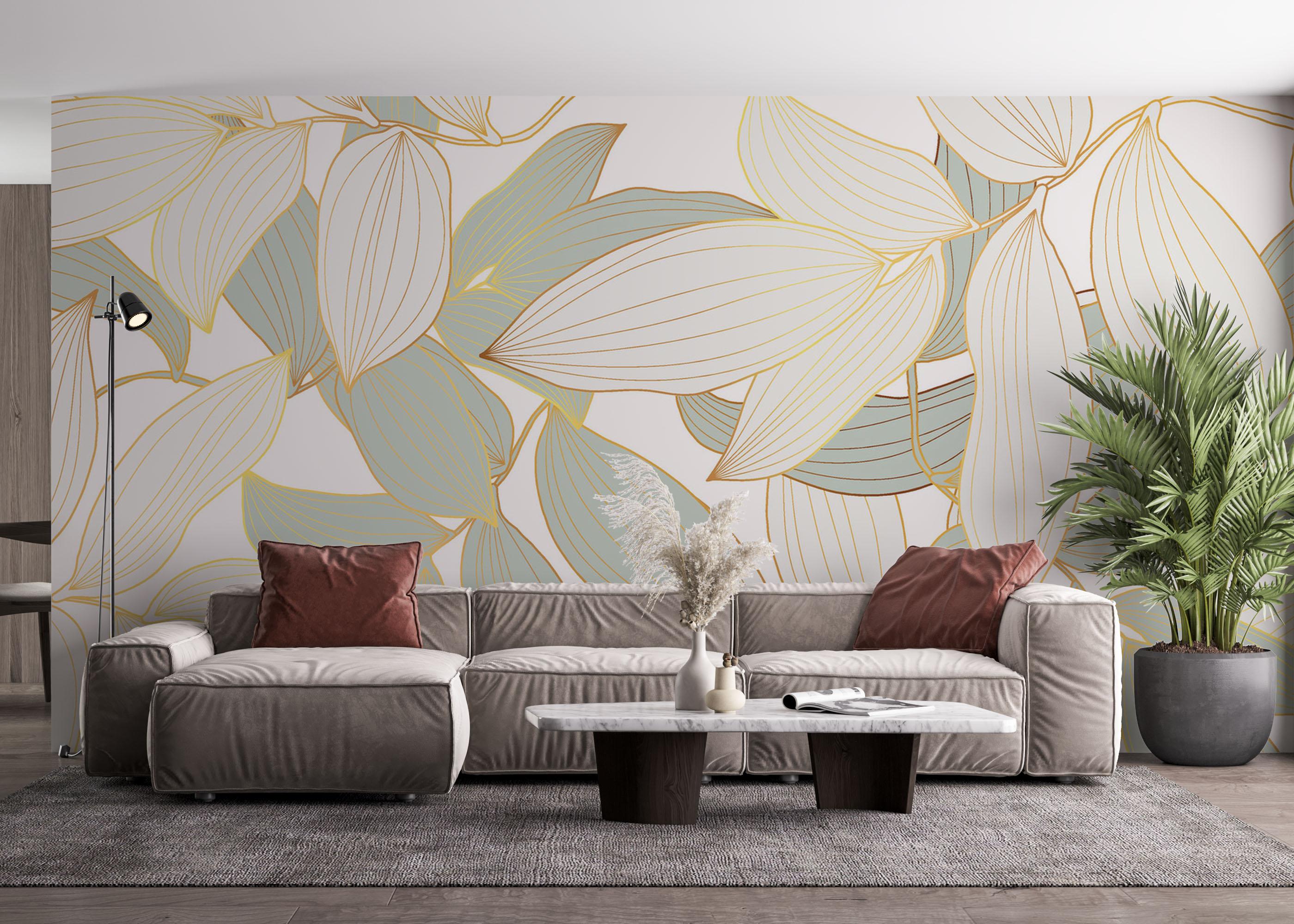 Fototapet Grey Gold Leaves Art mockup 4