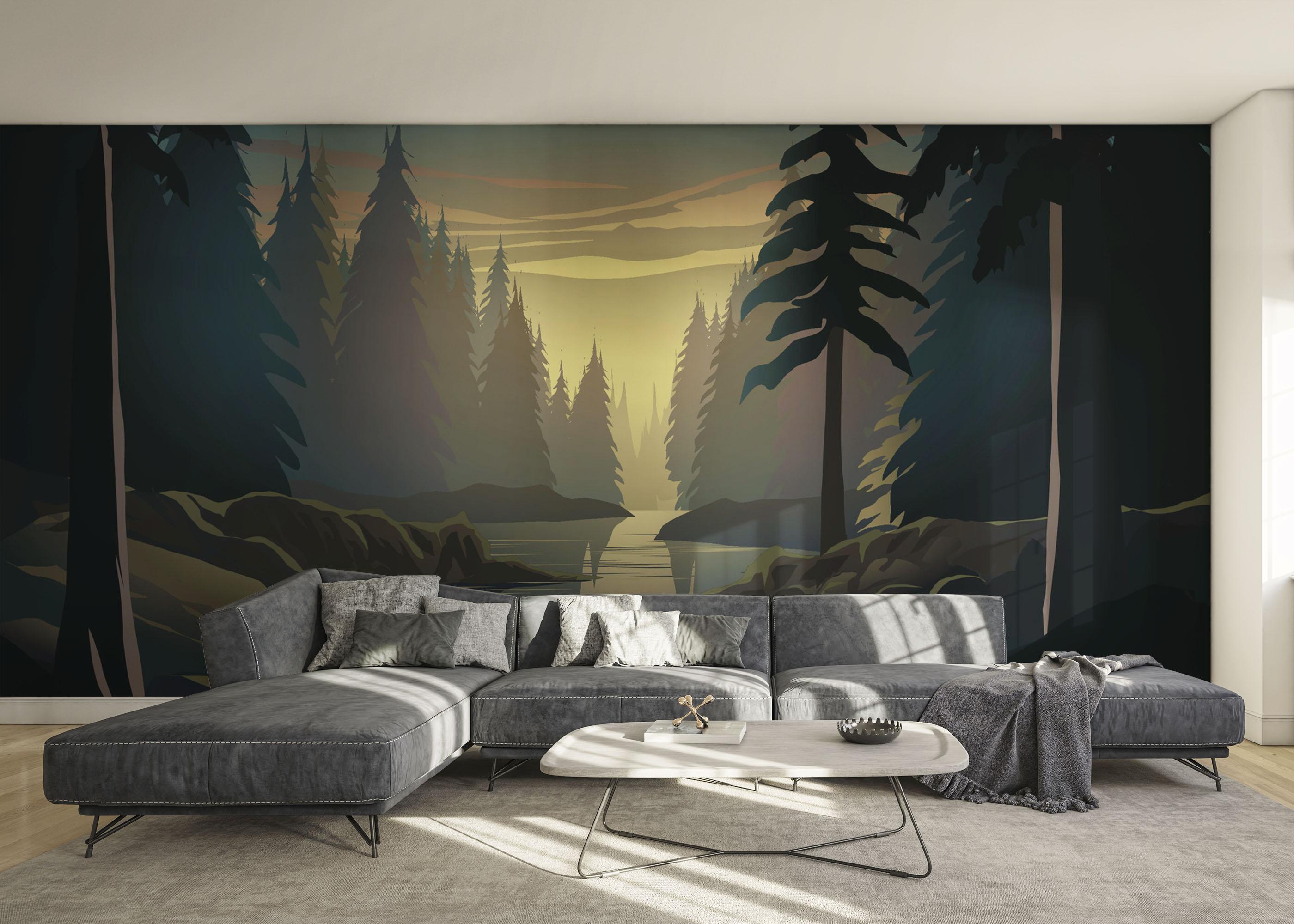 Fototapet Forest Sunrise River mockup 0