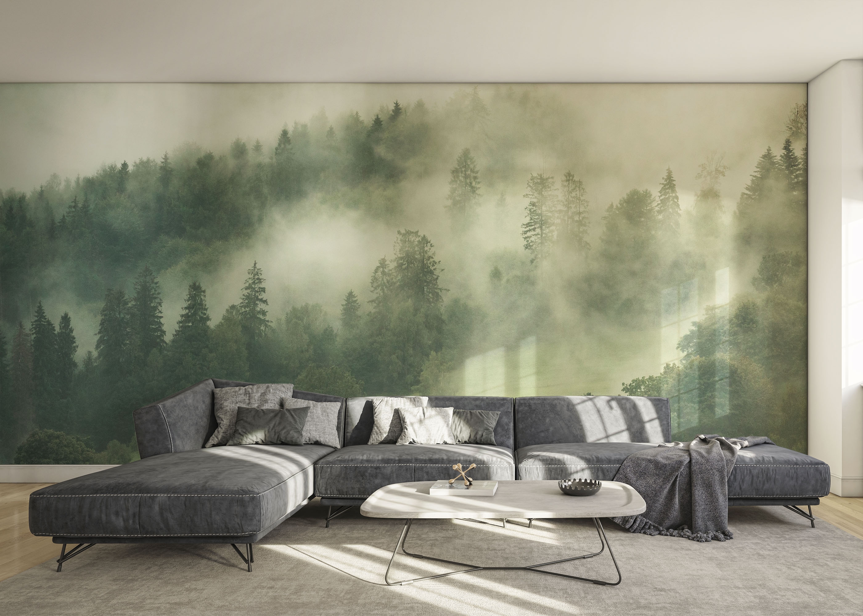 Fototapet Green Forest Fog ca perete de accent în dormitor