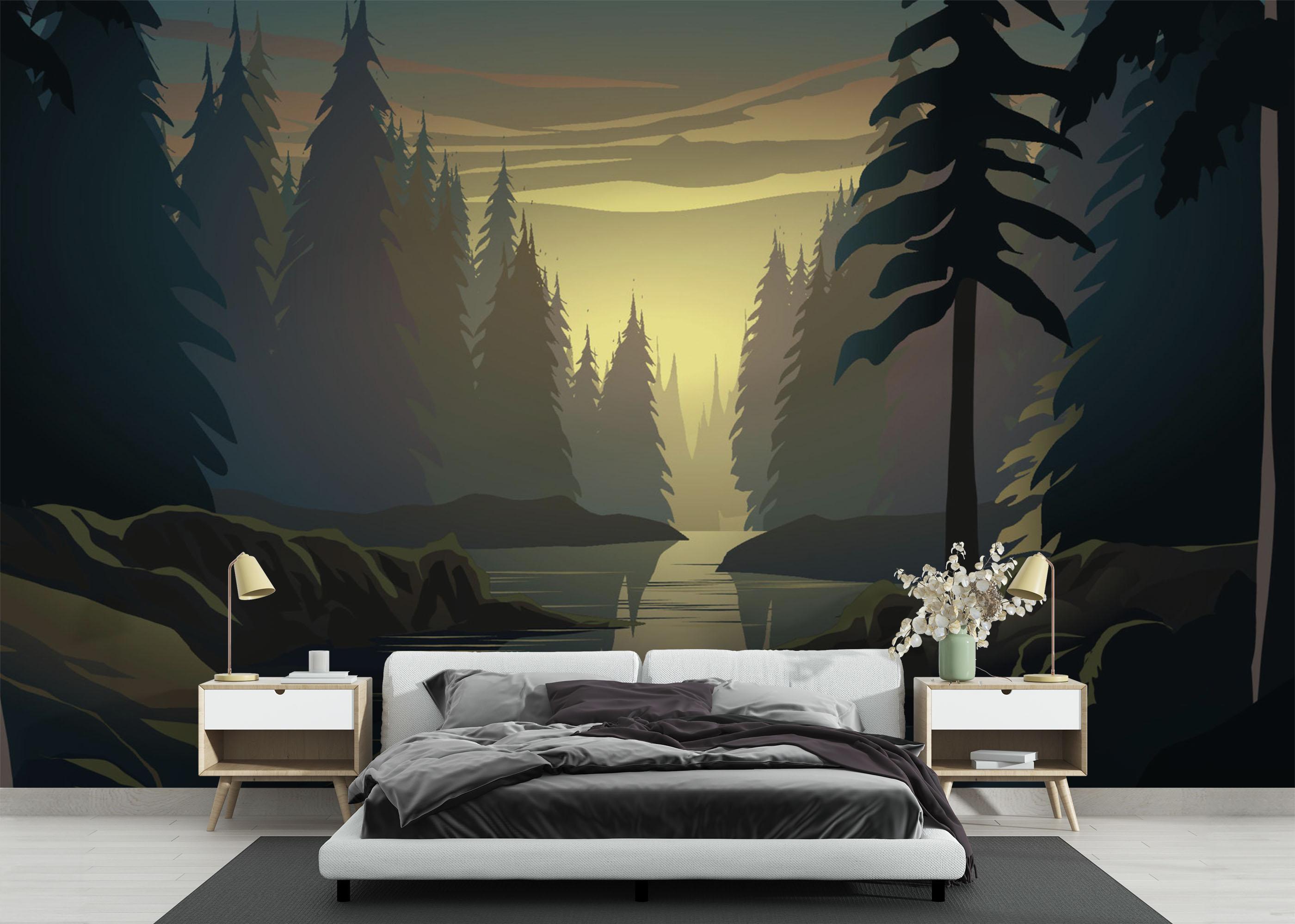 Fototapet Forest Sunrise River mockup 3