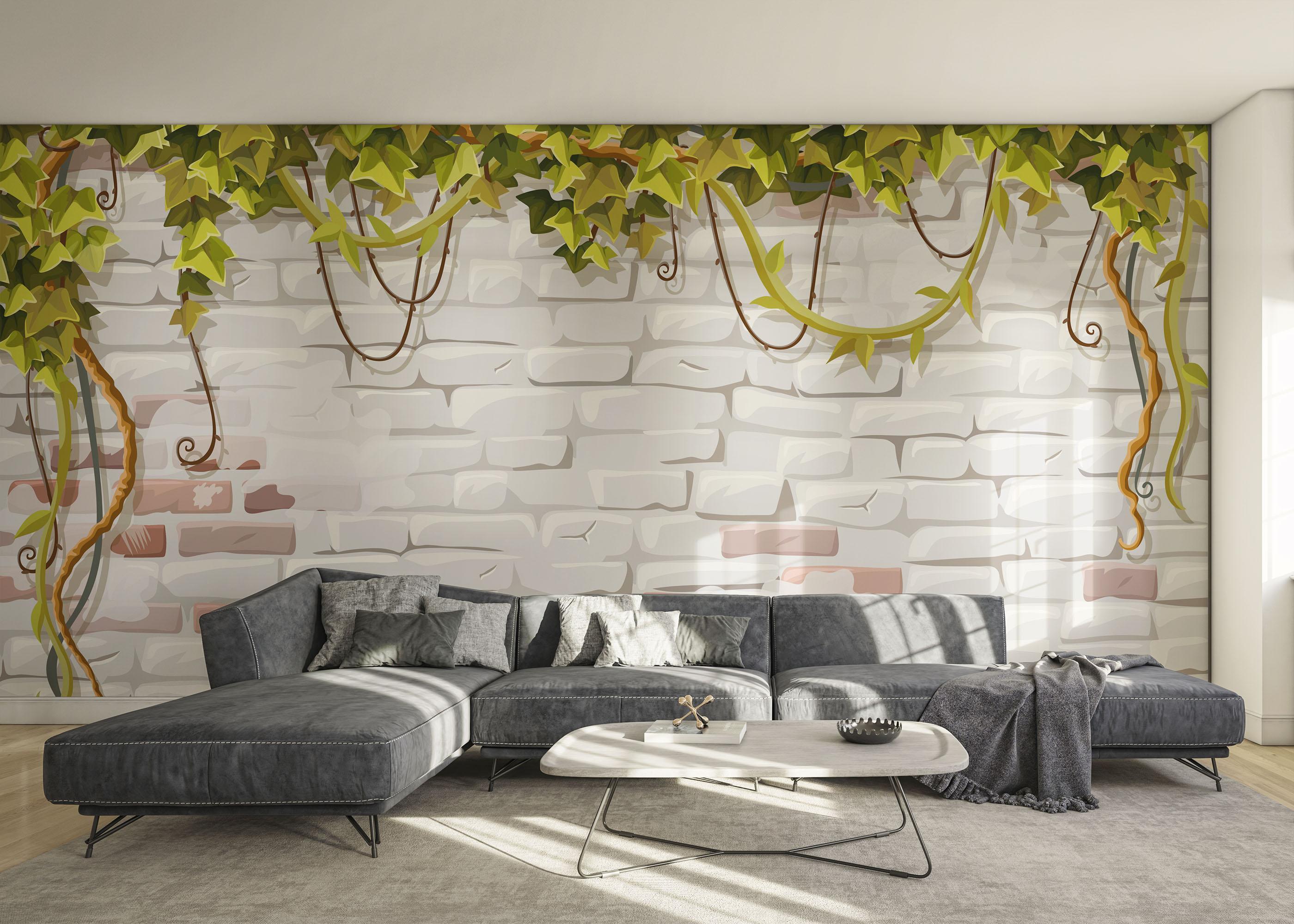 Fototapet Leaves White Brick mockup 0