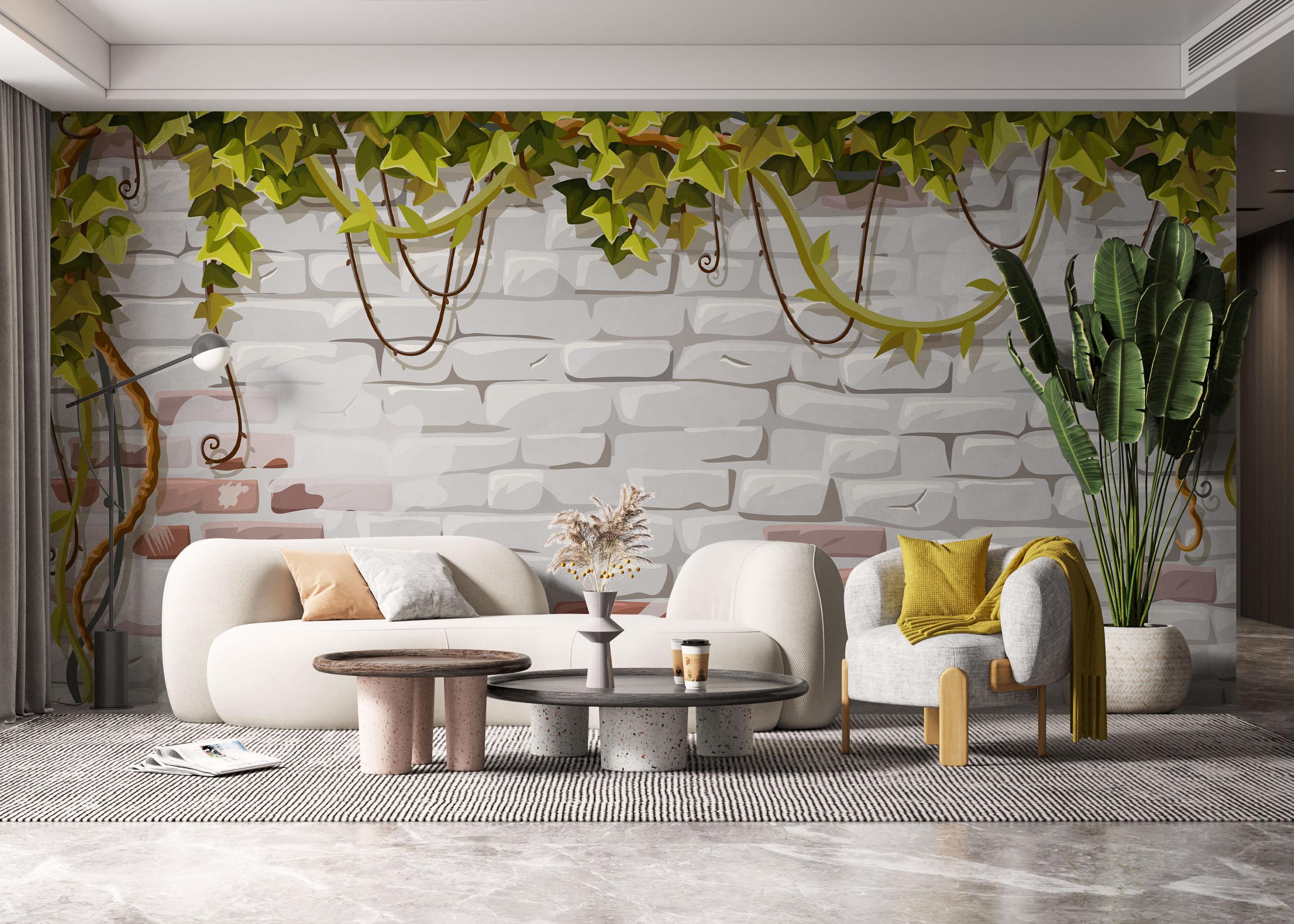 Fototapet Leaves White Brick mockup 6