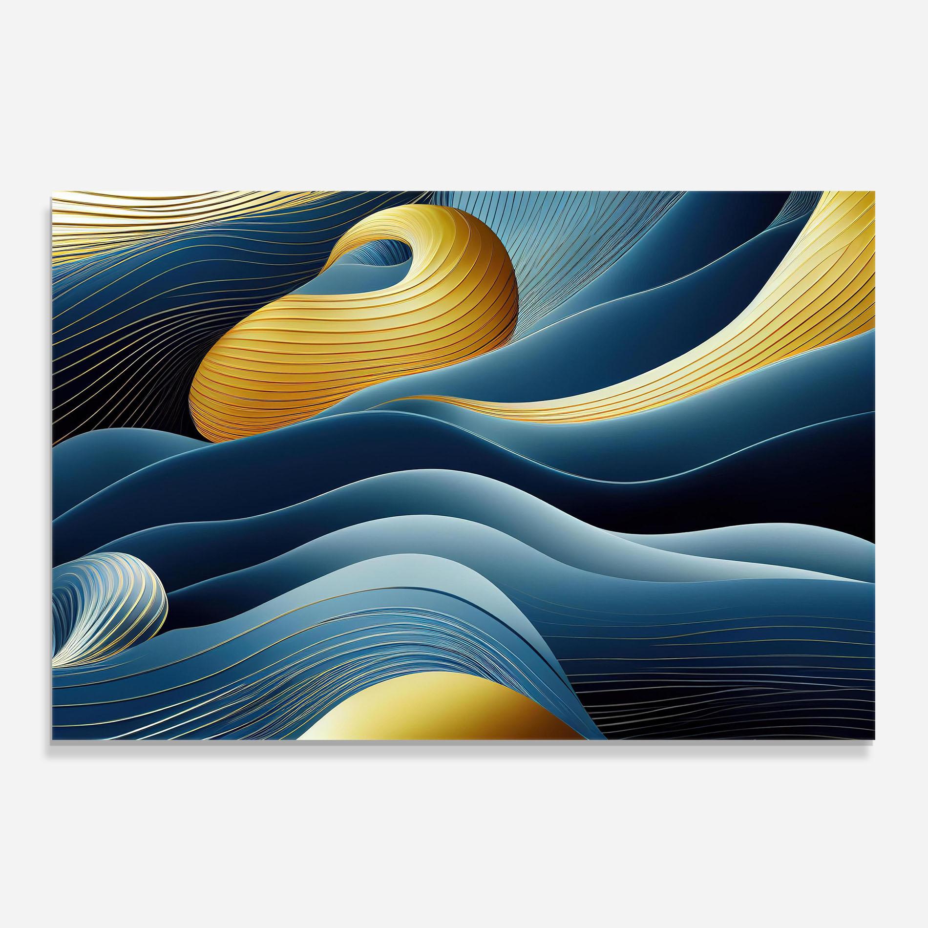 Panou Sticla Bucatarie Blue And Gold Wavy Curves mockup 0