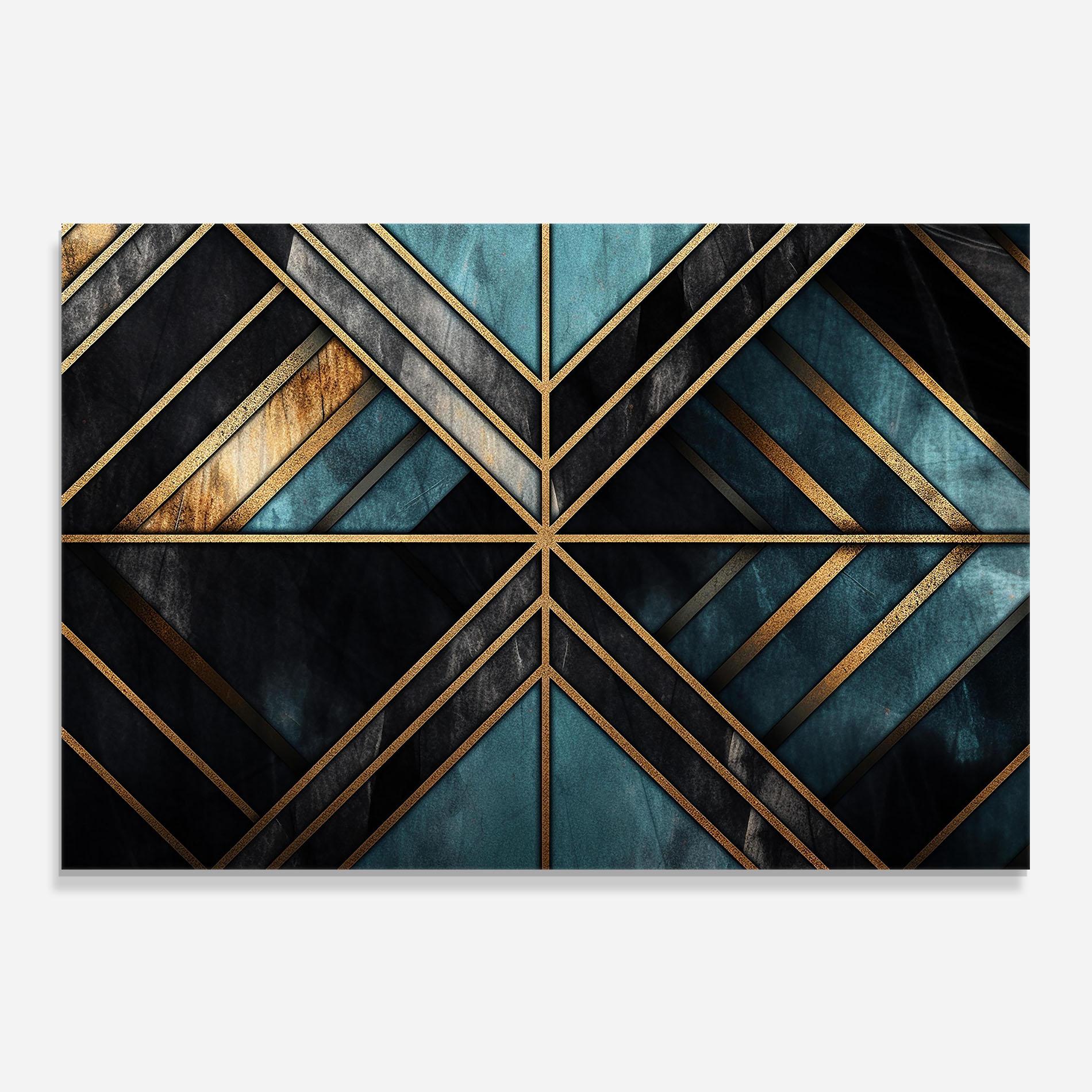 Panou Sticla Bucatarie Gold Lines On Blue Painting mockup 0