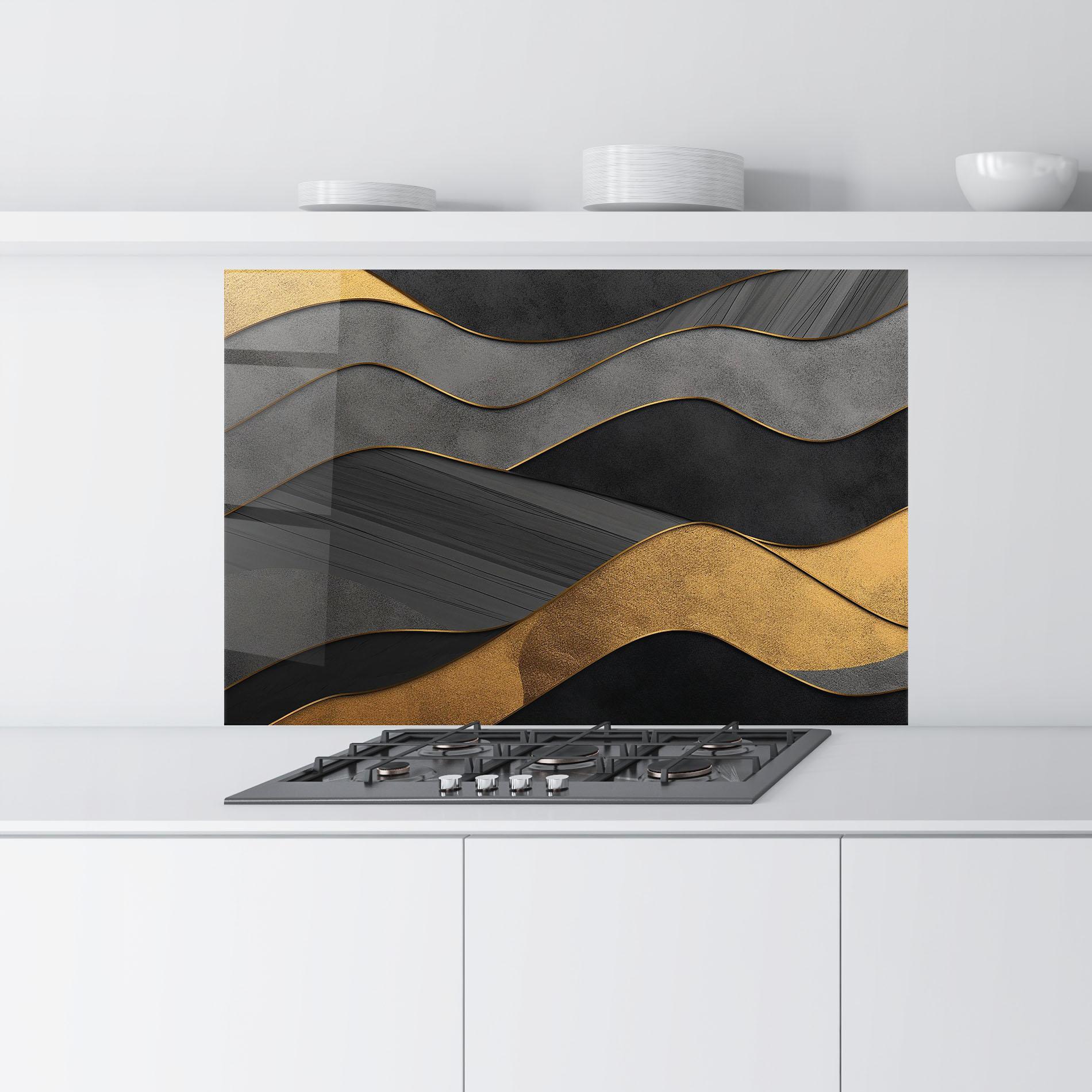 Panou Sticla Bucatarie Abstract Gold And Grey Waves mockup 9
