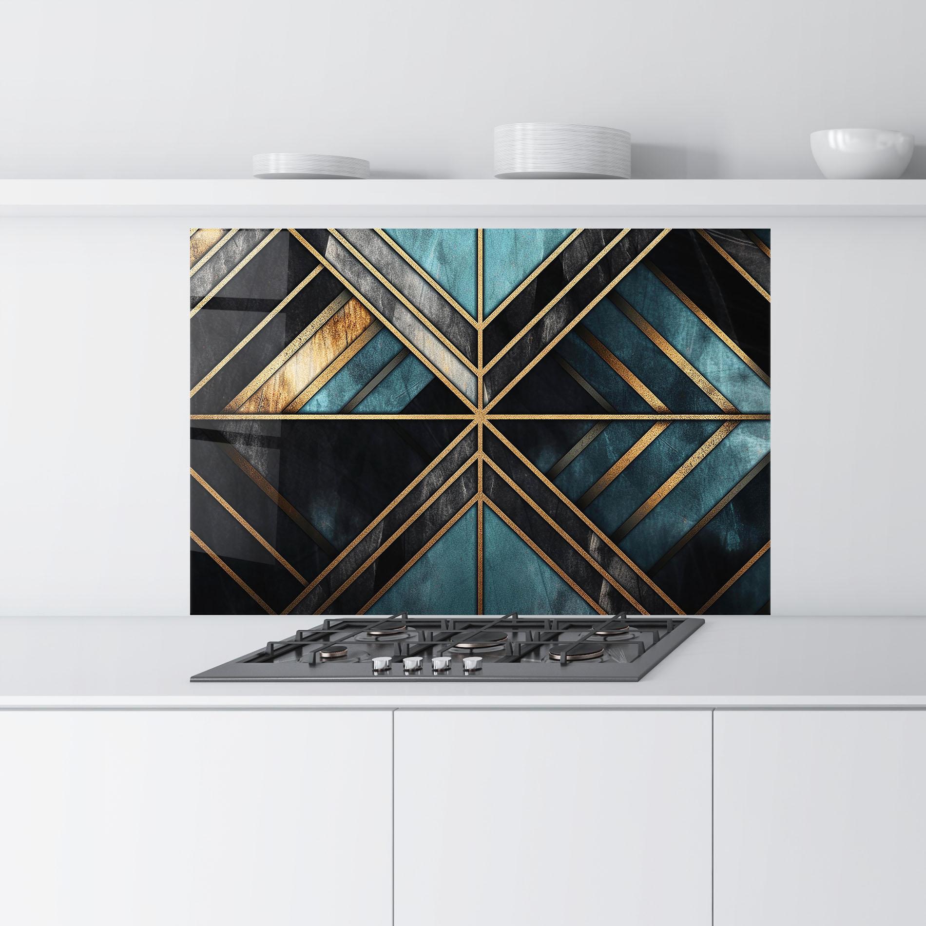 Panou Sticla Bucatarie Gold Lines On Blue Painting mockup 9