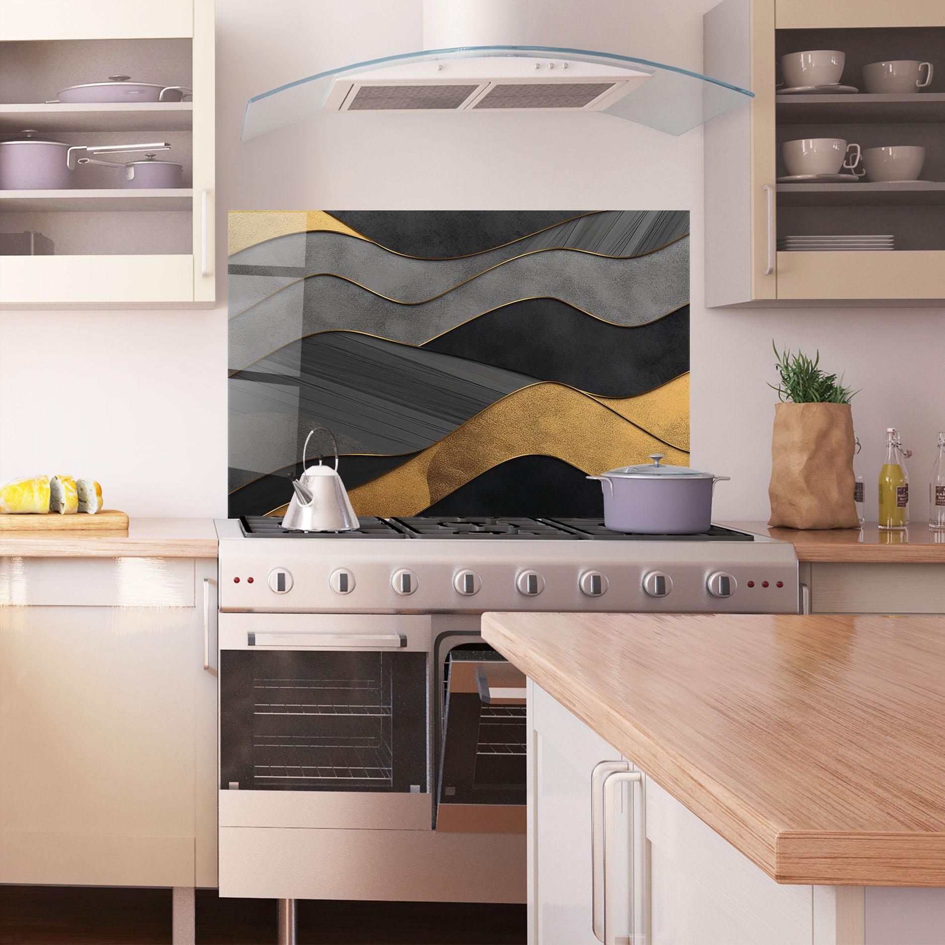 Panou Sticla Bucatarie Abstract Gold And Grey Waves mockup 1