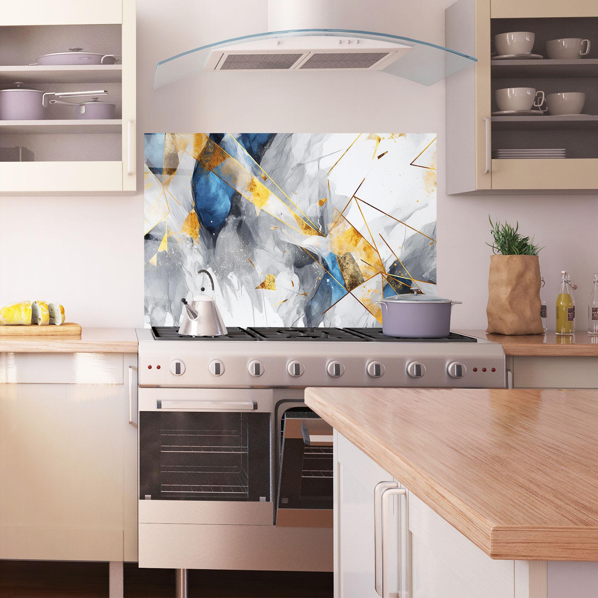 Panou Sticla Bucatarie Abstract Gold Blue Pattern mockup 1