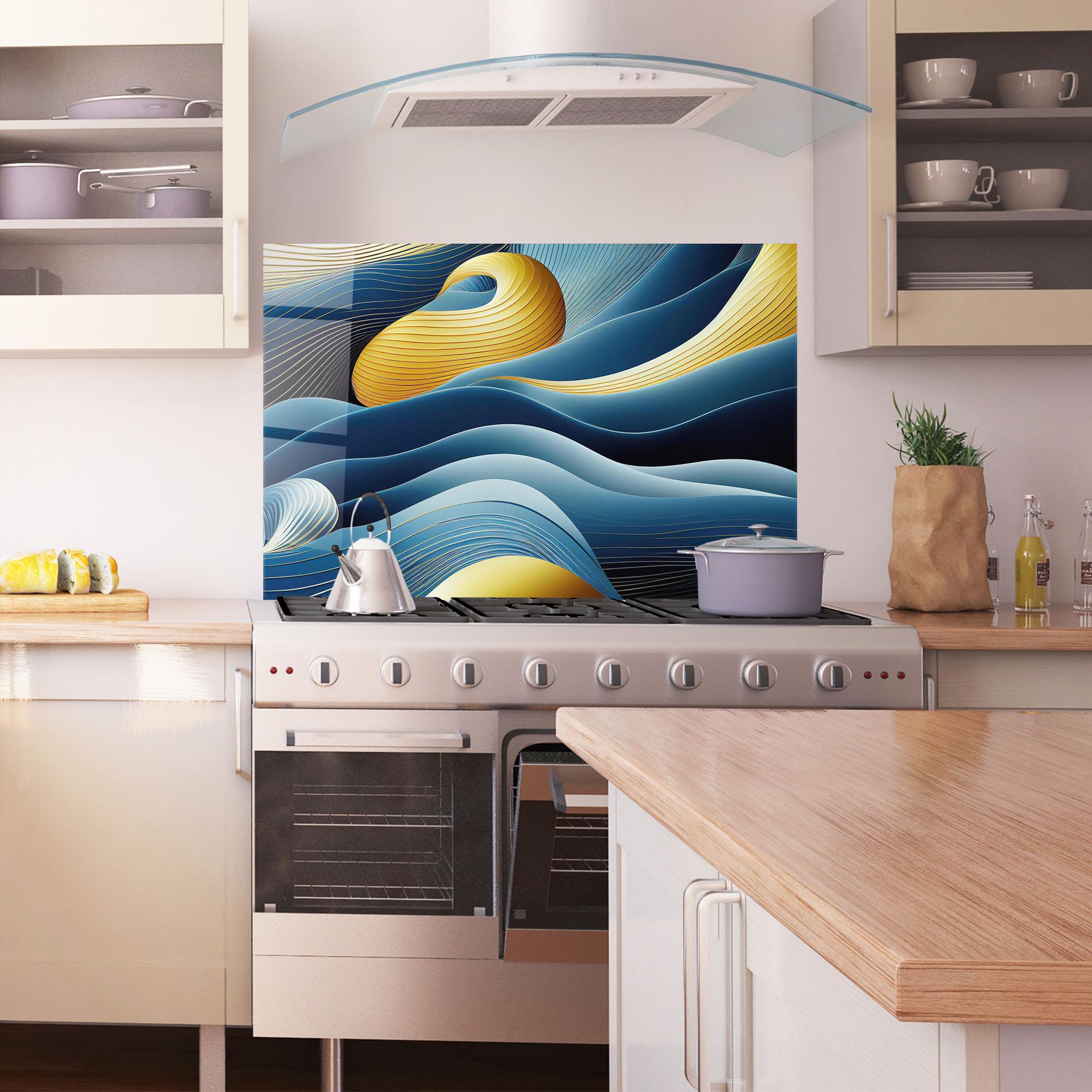 Panou Sticla Bucatarie Blue And Gold Wavy Curves mockup 1