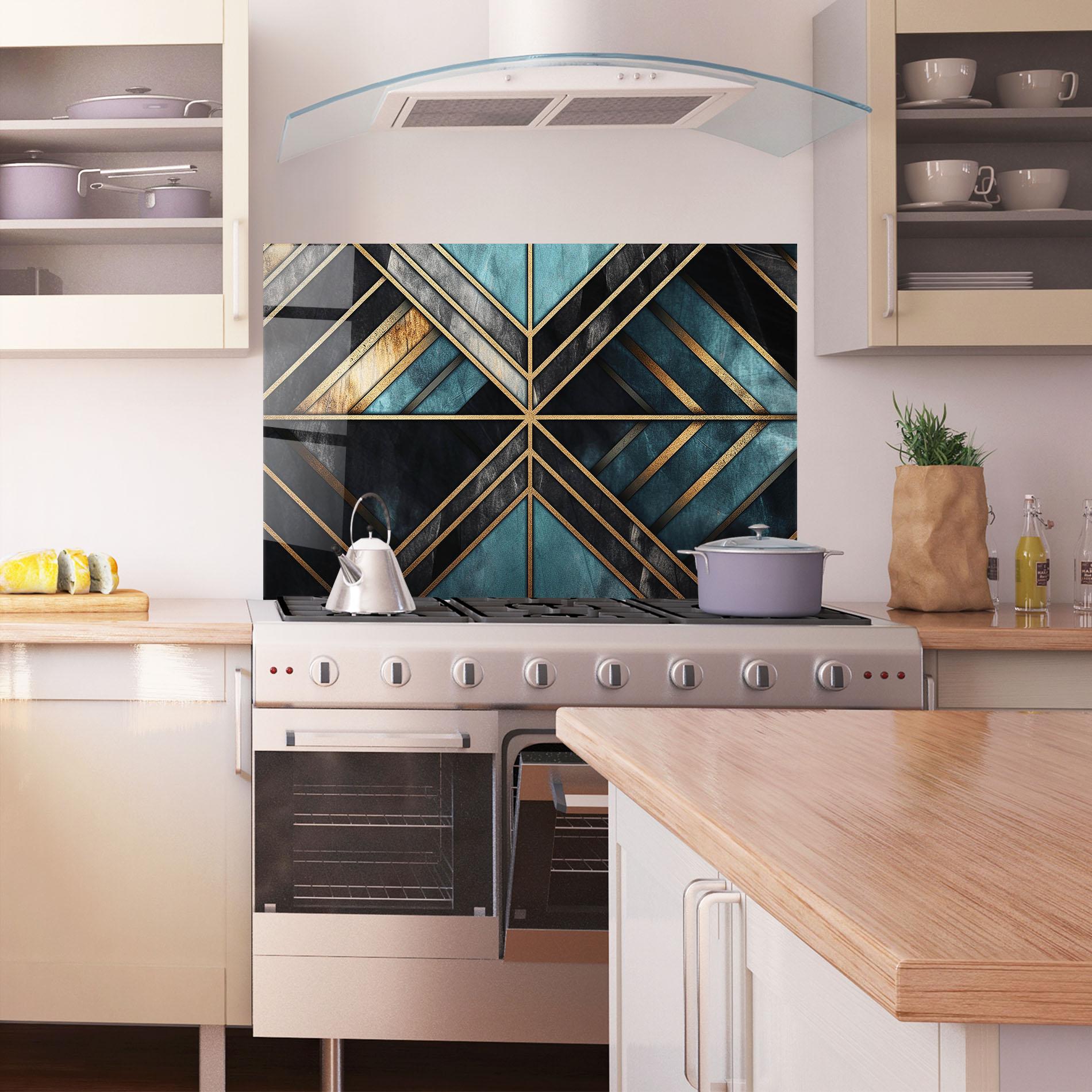 Panou Sticla Bucatarie Gold Lines On Blue Painting mockup 1