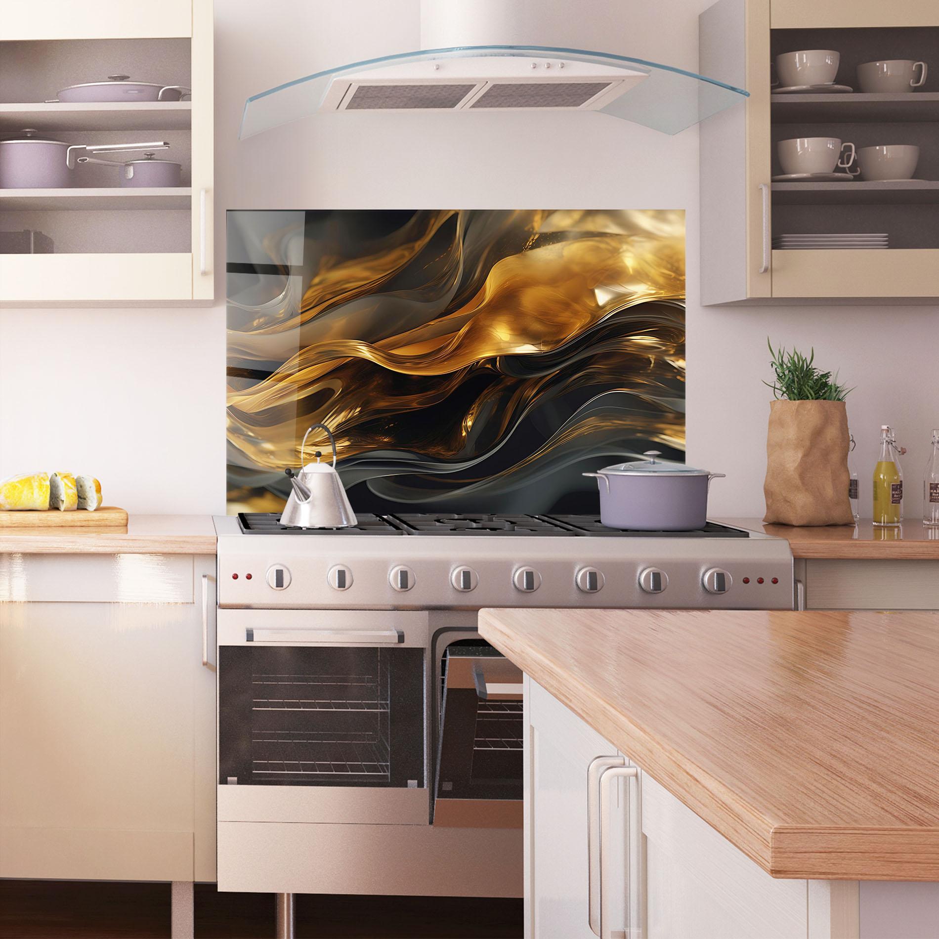 Panou Sticla Bucatarie Gold With Black Wave mockup 1