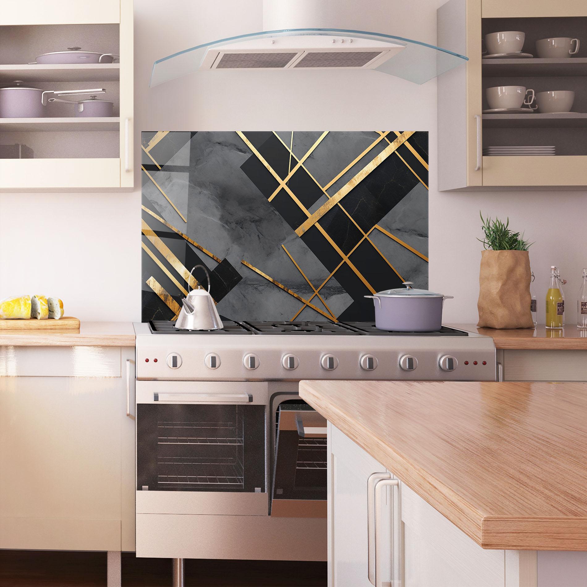 Panou Sticla Bucatarie Grey Painting With Gold Lines mockup 1