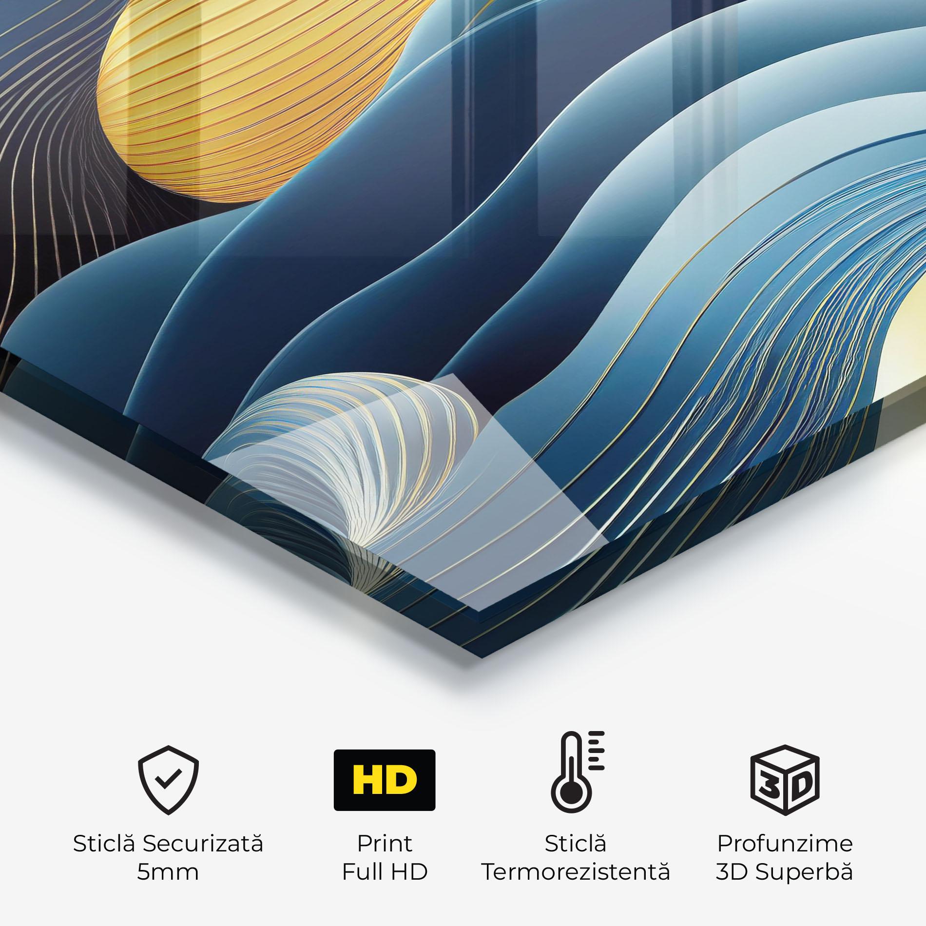 Panou Sticla Bucatarie Blue And Gold Wavy Curves mockup 2