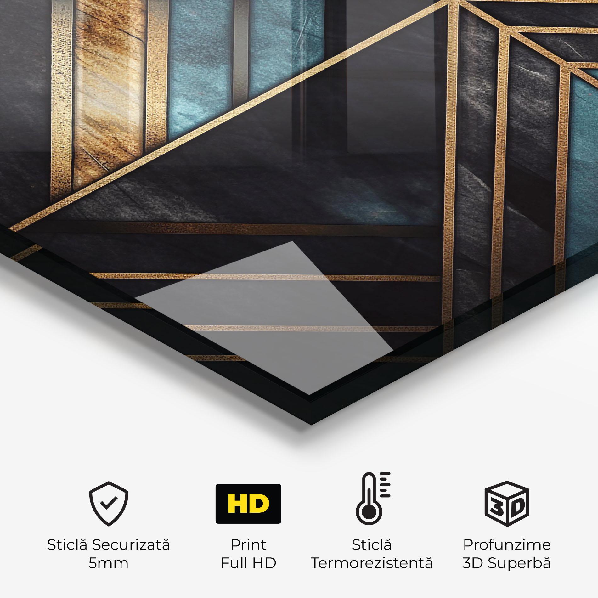 Panou Sticla Bucatarie Gold Lines On Blue Painting mockup 2