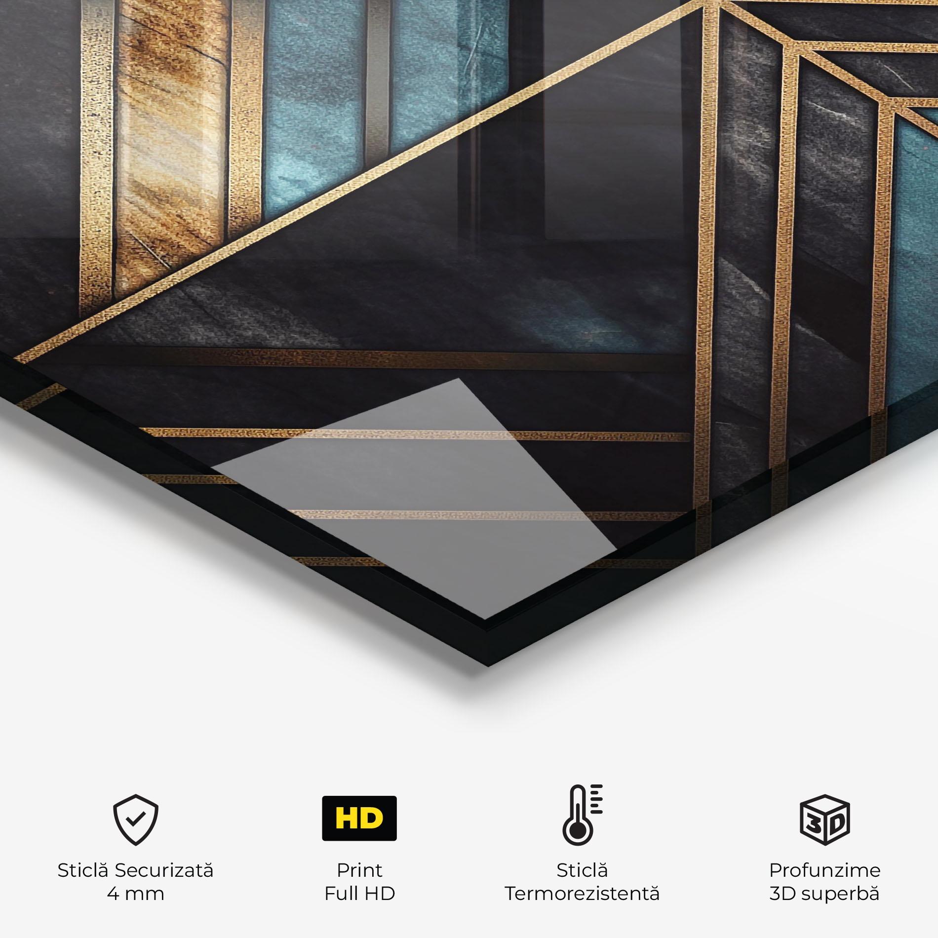 Panou Sticla Bucatarie Gold Lines On Blue Painting mockup 2