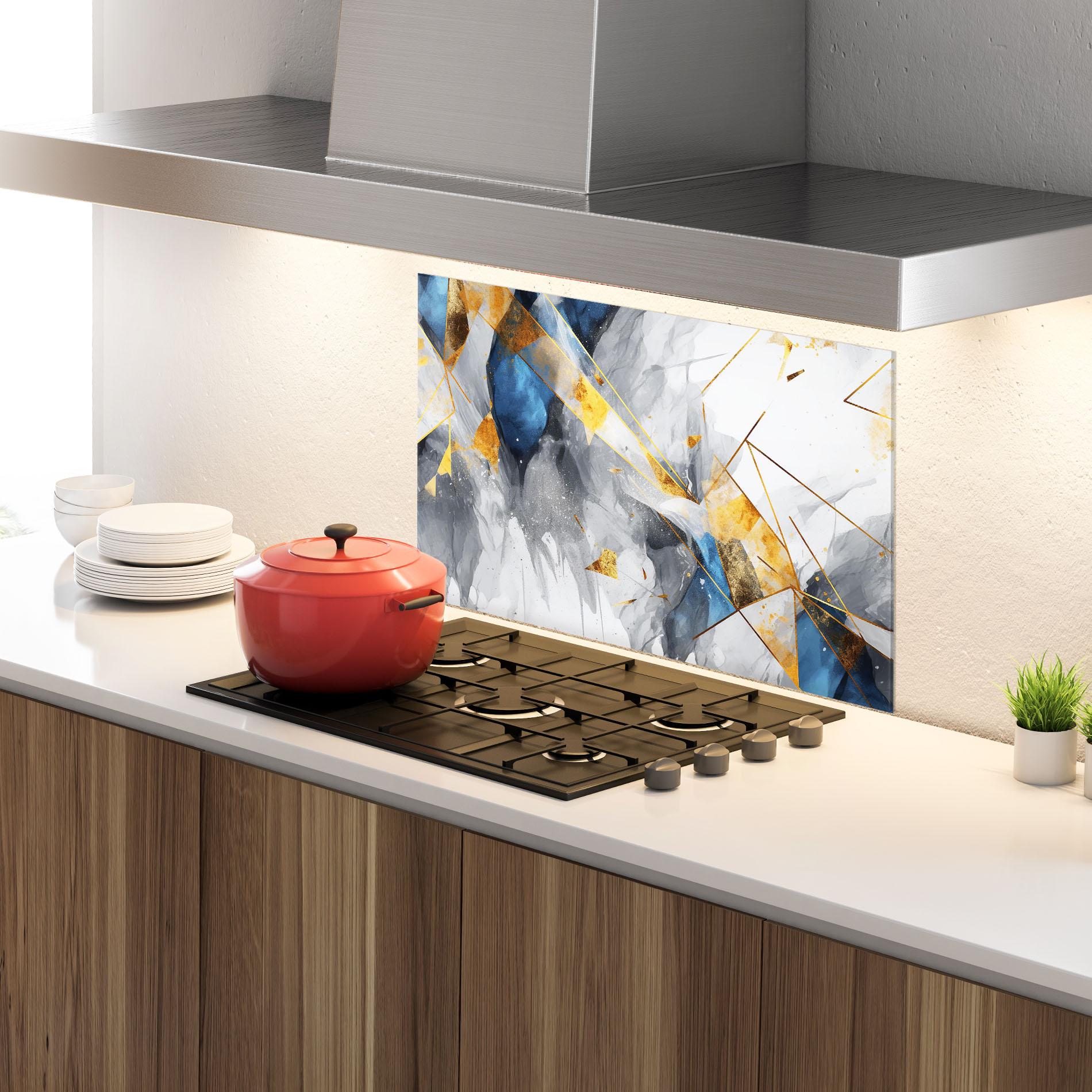 Panou Sticla Bucatarie Abstract Gold Blue Pattern mockup 4