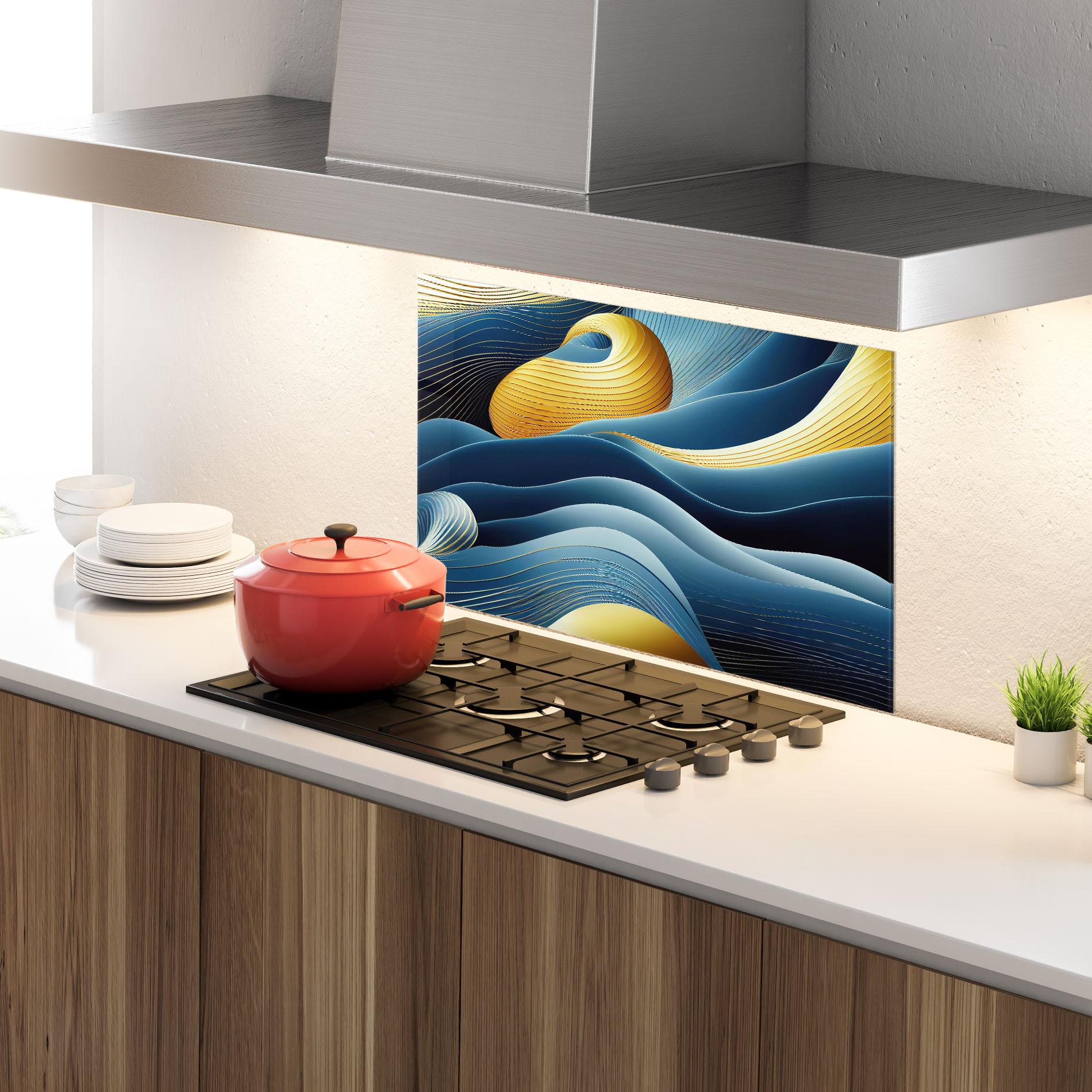 Panou Sticla Bucatarie Blue And Gold Wavy Curves mockup 4