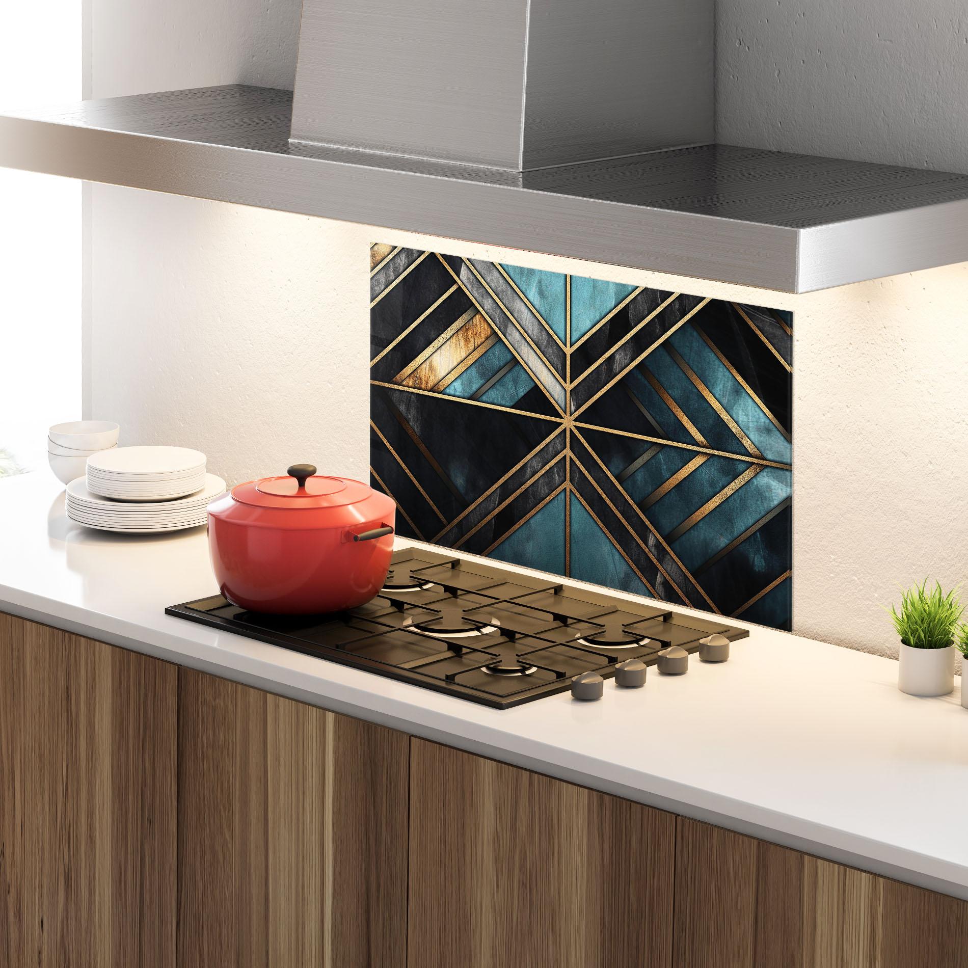 Panou Sticla Bucatarie Gold Lines On Blue Painting mockup 4