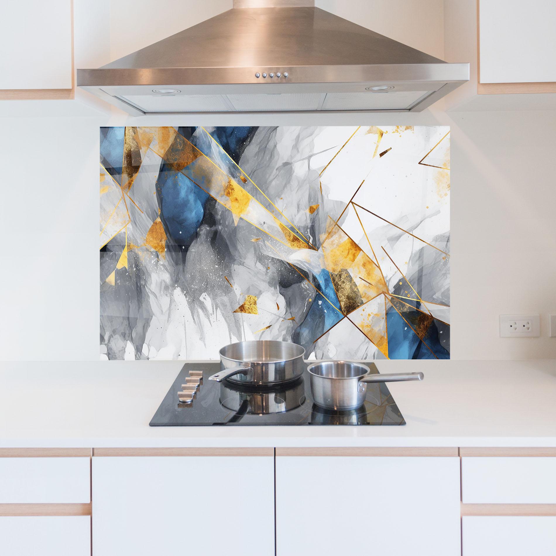 Panou Sticla Bucatarie Abstract Gold Blue Pattern mockup 5