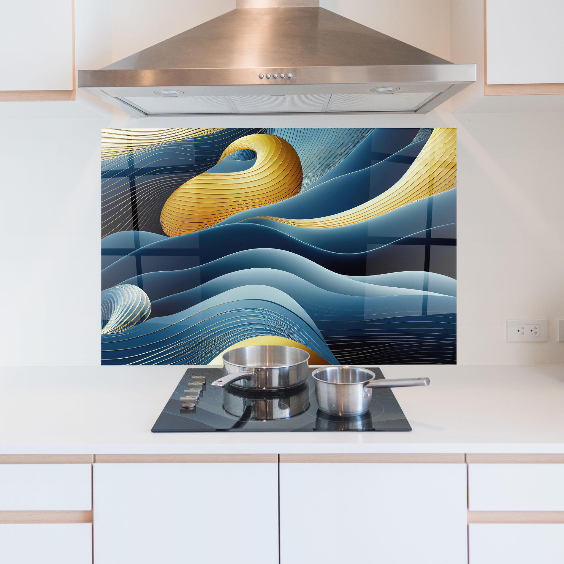 Panou Sticla Bucatarie Blue And Gold Wavy Curves mockup 5