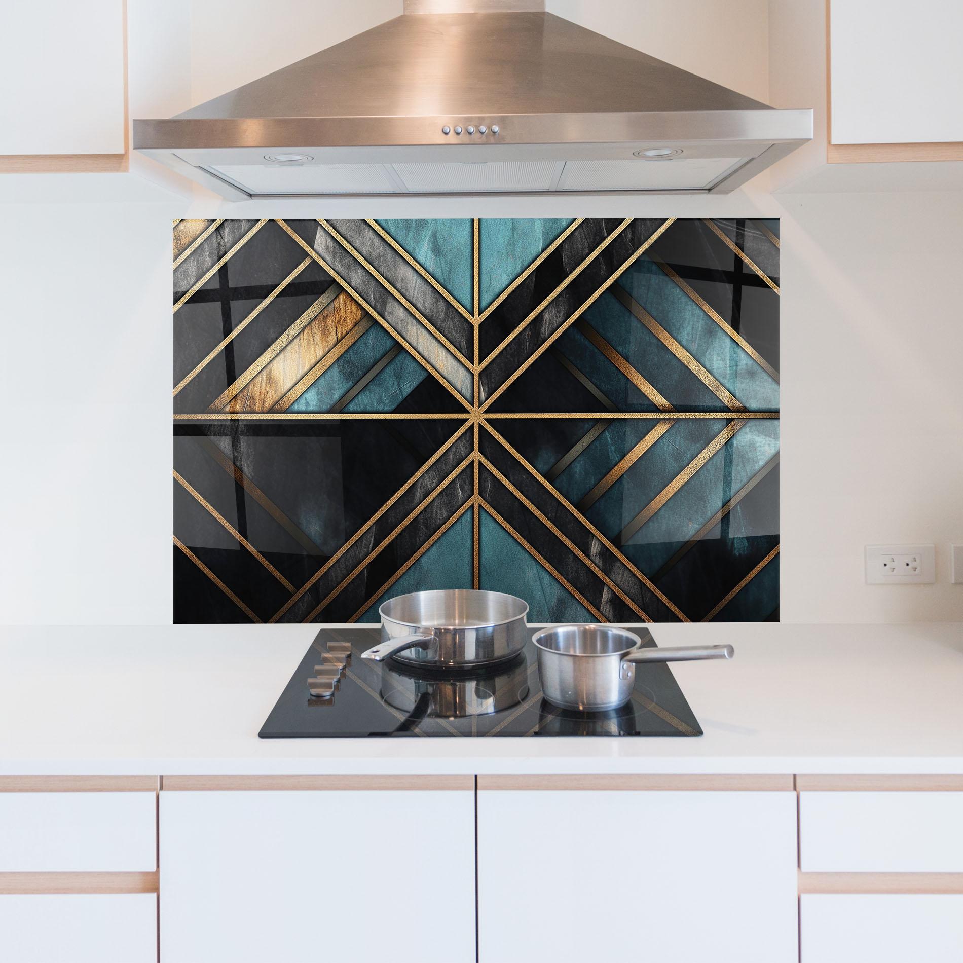 Panou Sticla Bucatarie Gold Lines On Blue Painting mockup 5