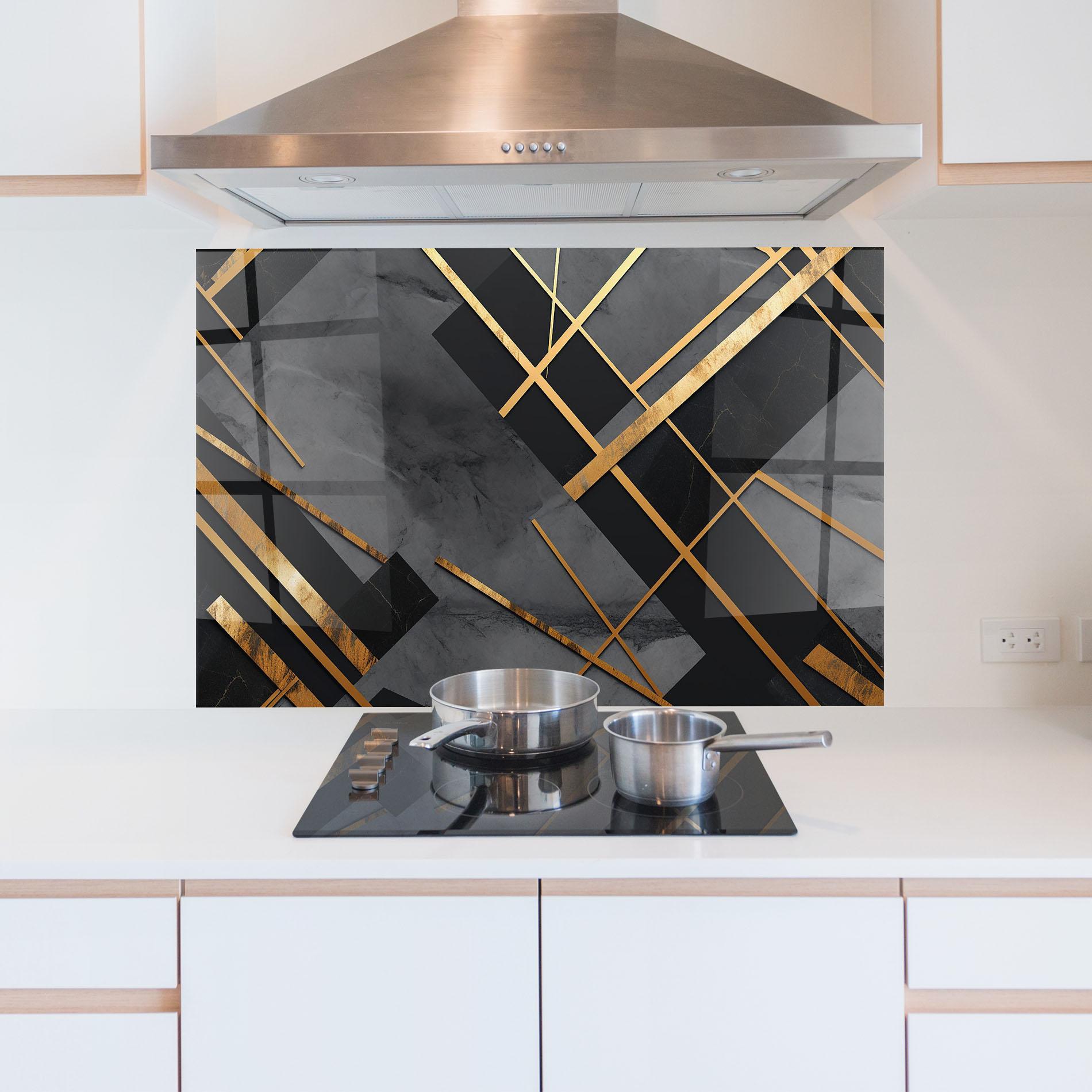 Panou Sticla Bucatarie Grey Painting With Gold Lines mockup 5