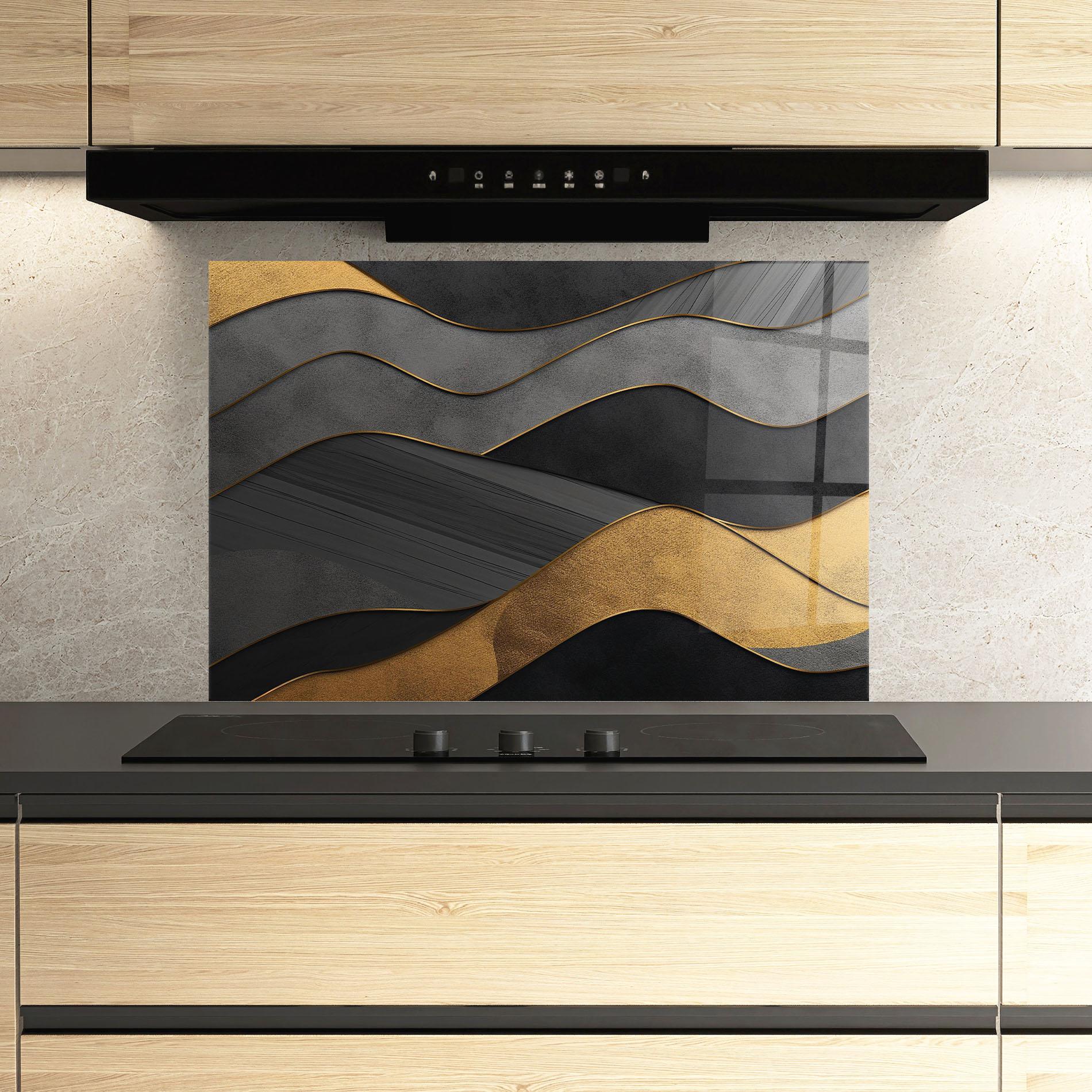 Panou Sticla Bucatarie Abstract Gold And Grey Waves mockup 3
