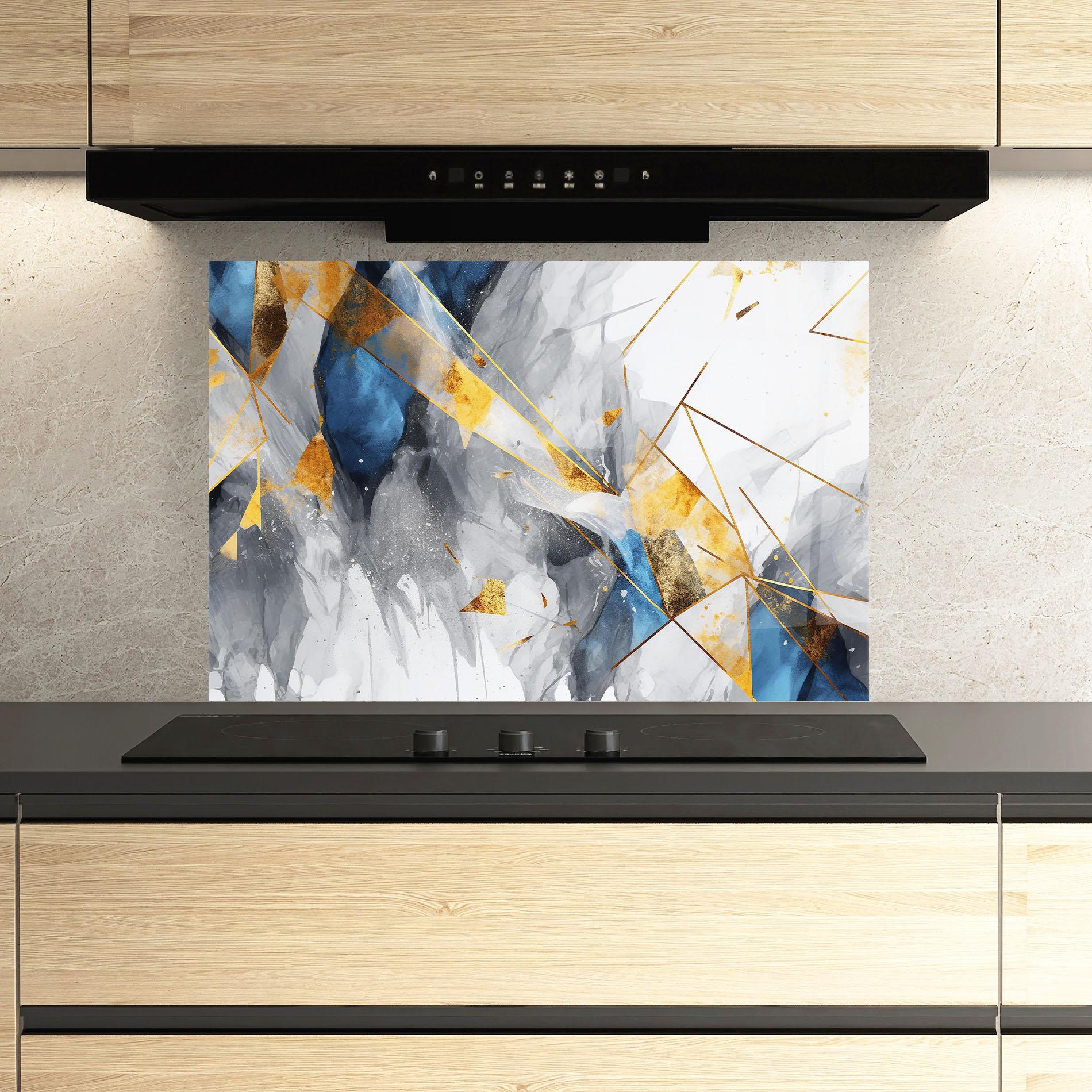 Panou Sticla Bucatarie Abstract Gold Blue Pattern mockup 3