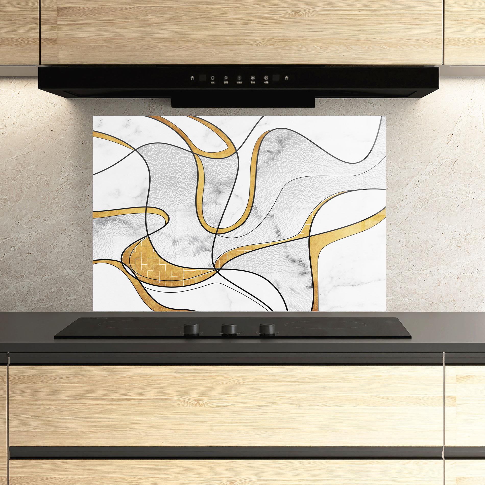 Panou Sticla Bucatarie Abstract Gold Lines mockup 3