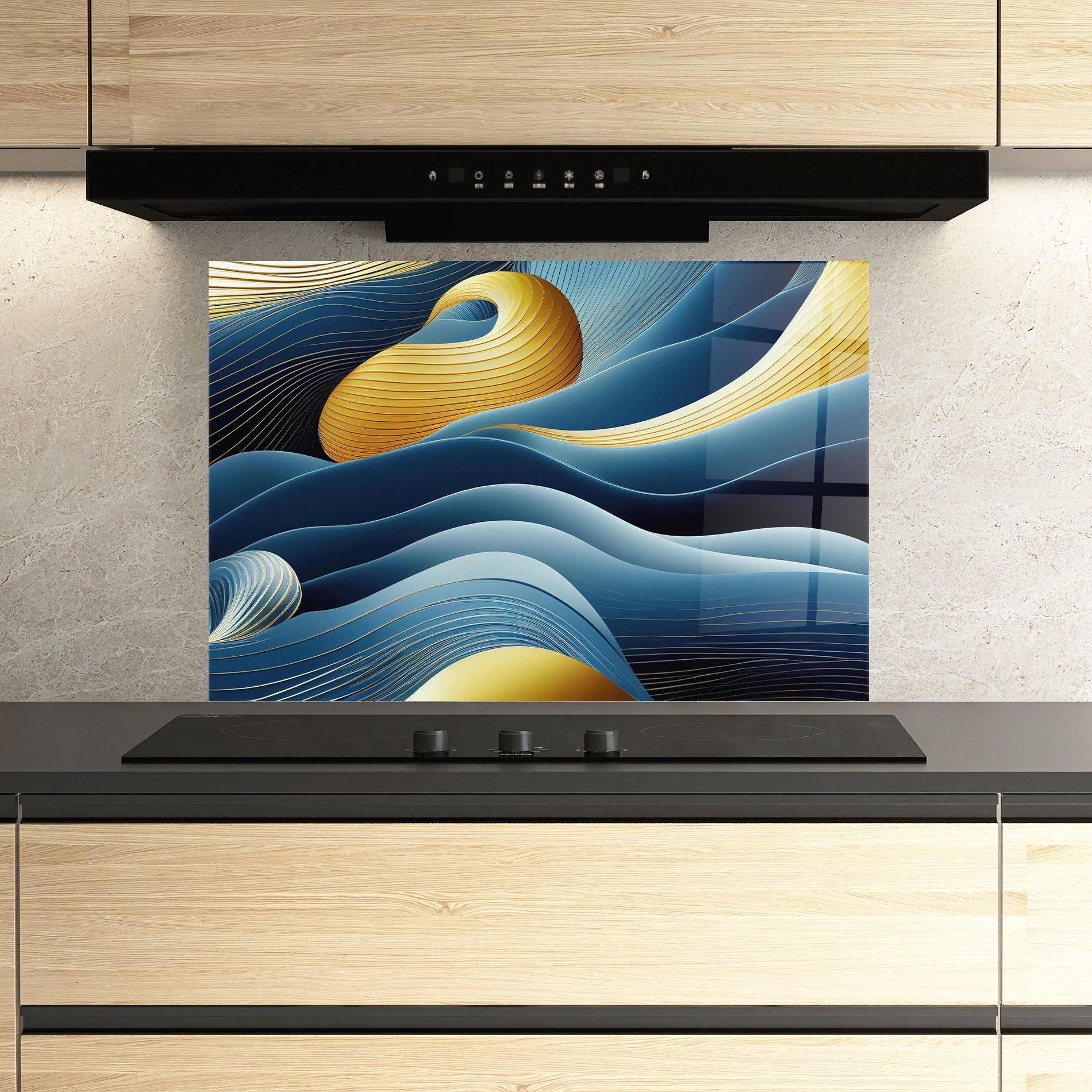 Panou Sticla Bucatarie Blue And Gold Wavy Curves mockup 3