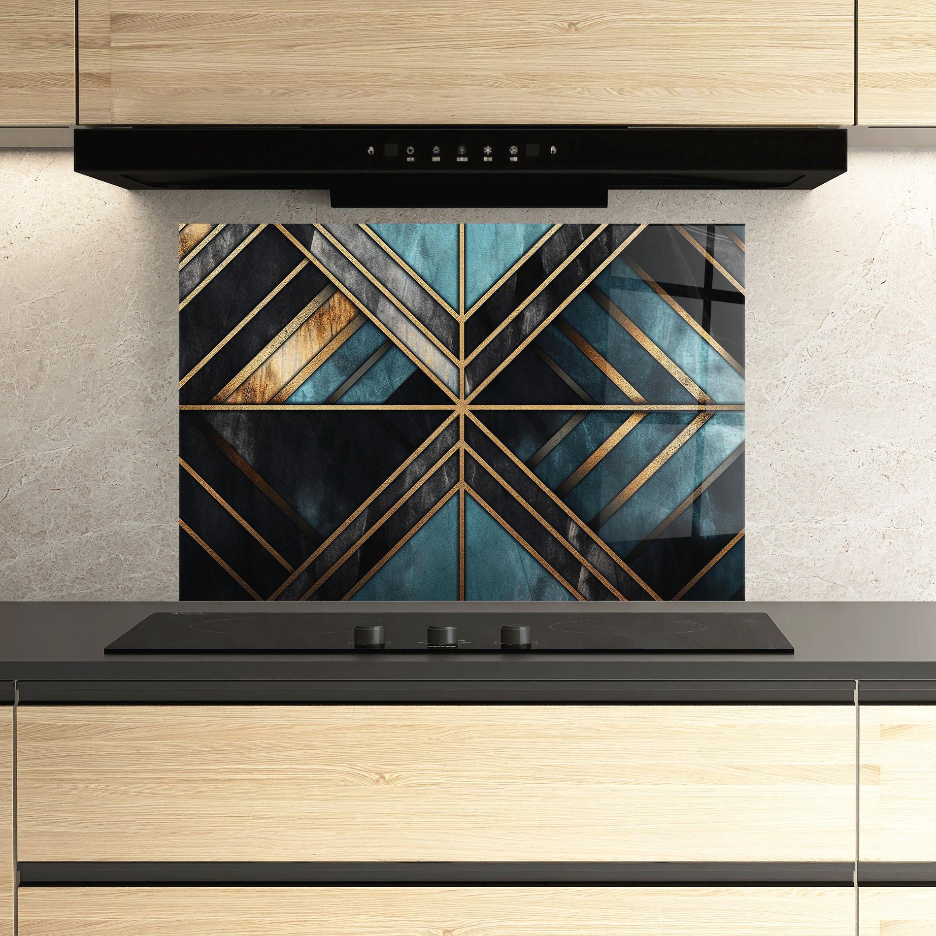 Panou Sticla Bucatarie Gold Lines On Blue Painting mockup 3