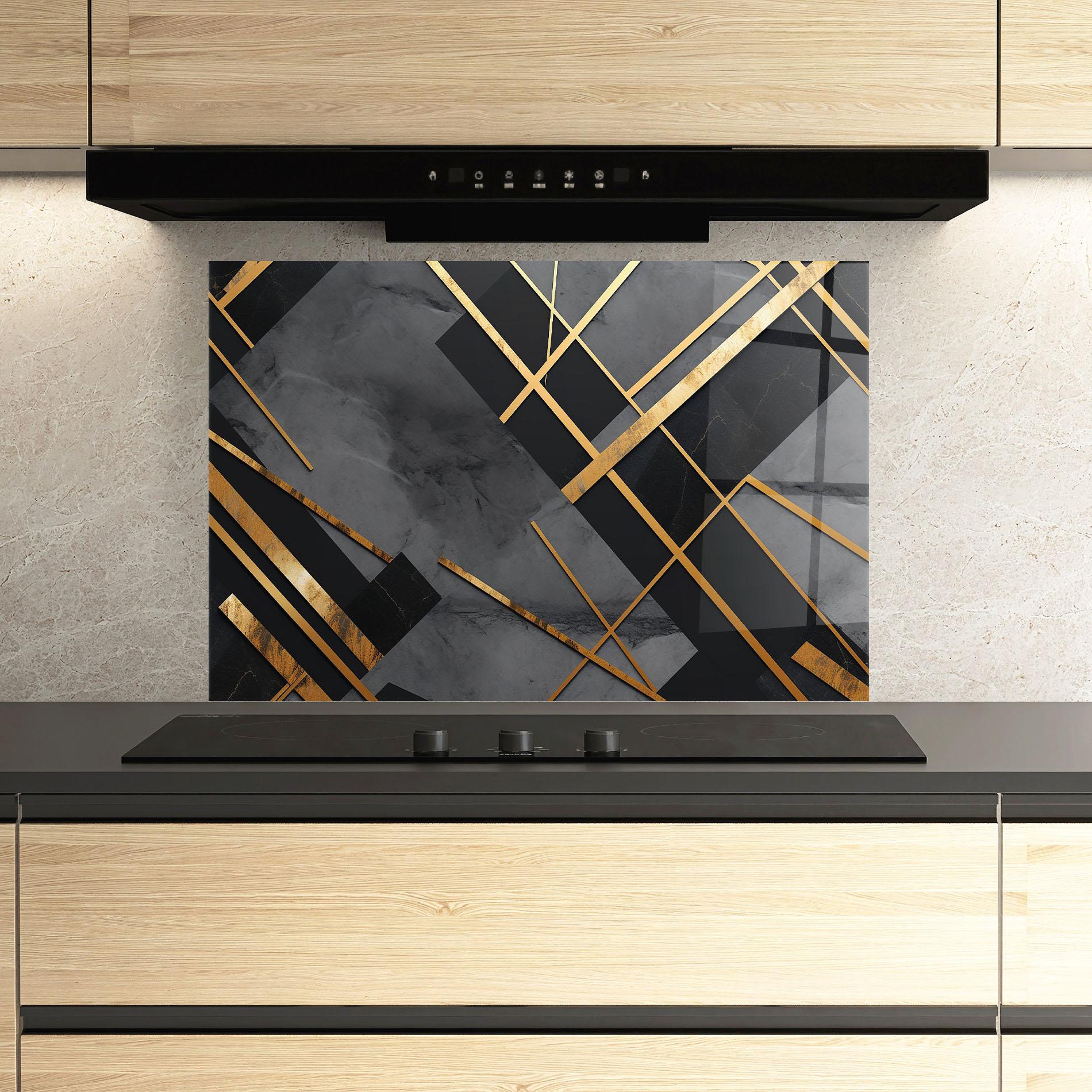 Panou Sticla Bucatarie Grey Painting With Gold Lines mockup 3