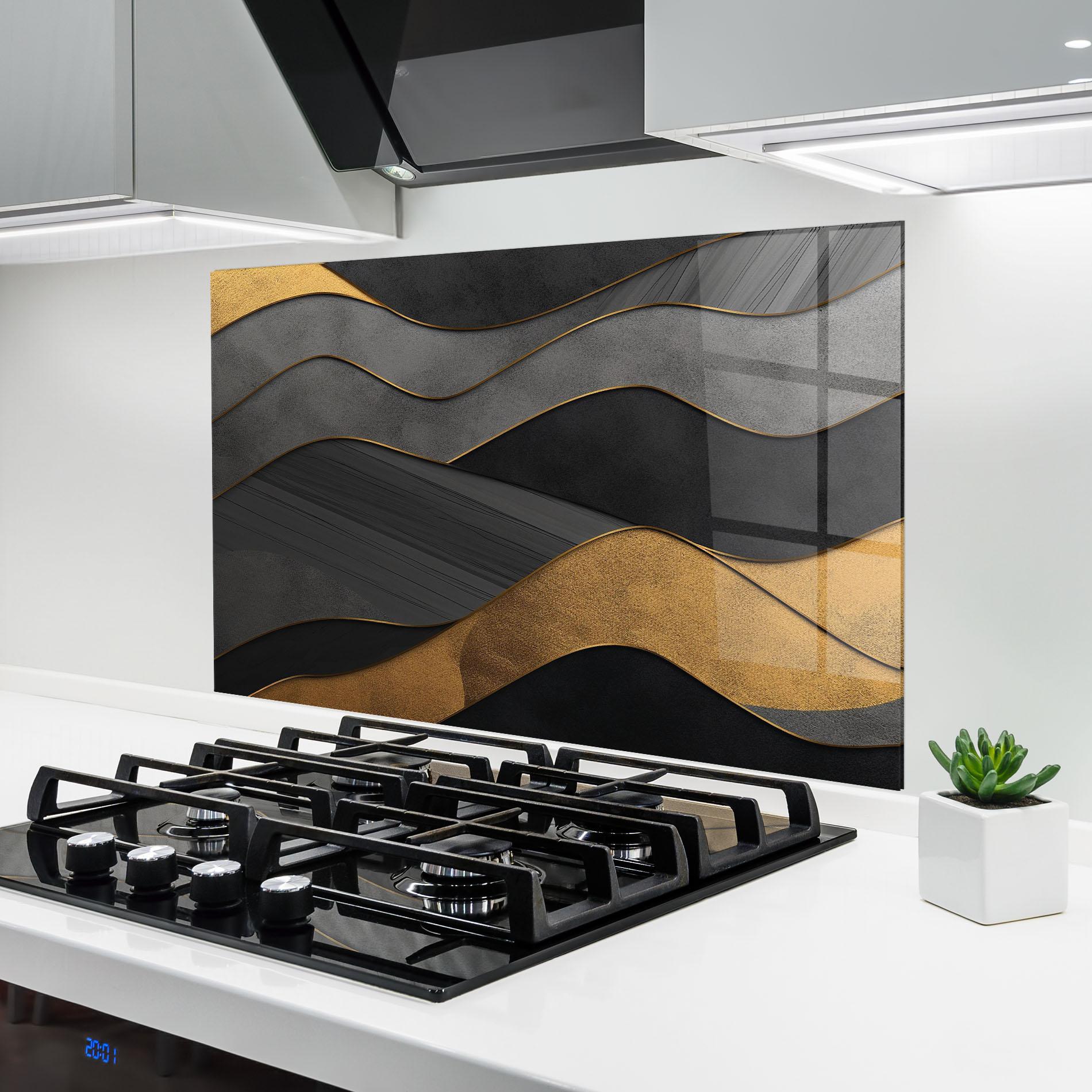 Panou Sticla Bucatarie Abstract Gold And Grey Waves mockup 6