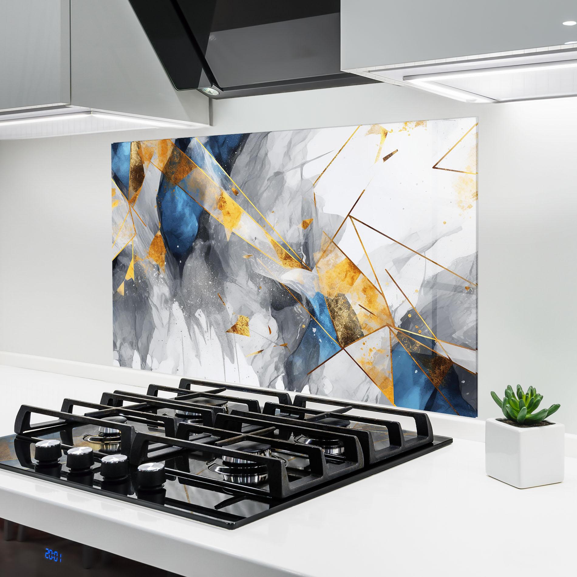 Panou Sticla Bucatarie Abstract Gold Blue Pattern mockup 6