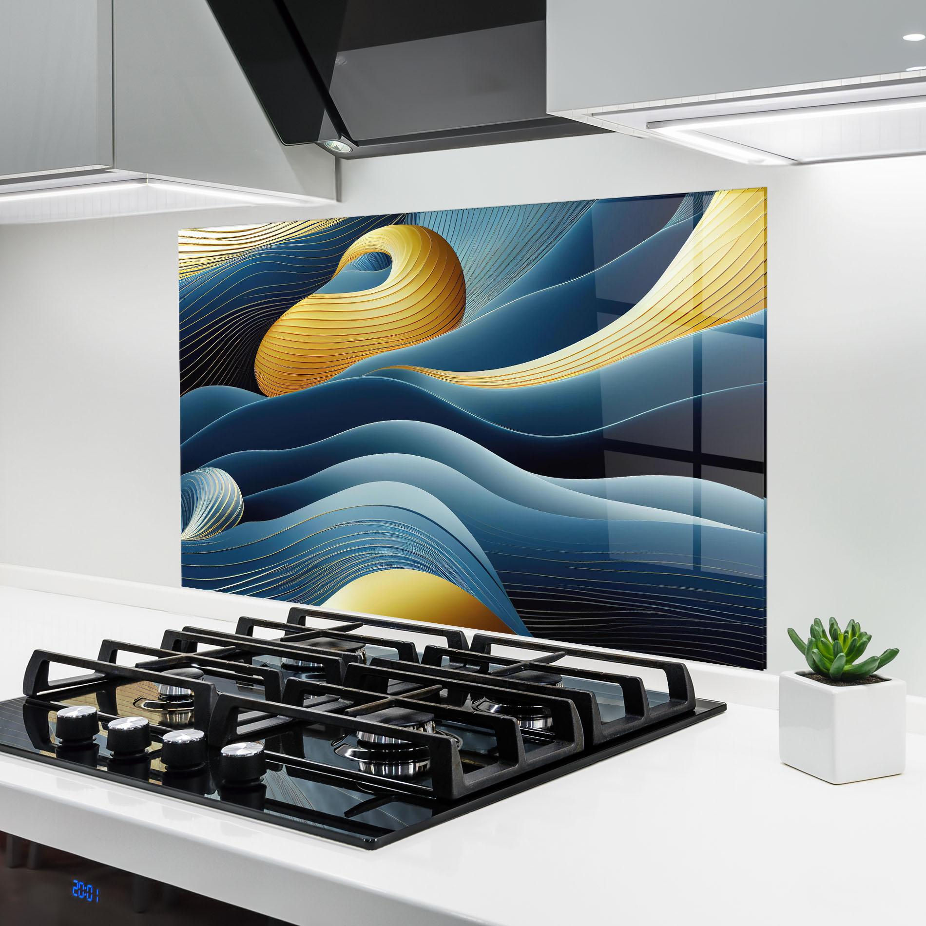 Panou Sticla Bucatarie Blue And Gold Wavy Curves mockup 6