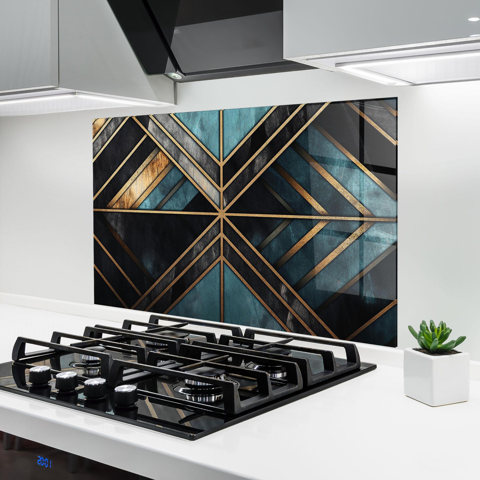 Panou Sticla Bucatarie Gold Lines On Blue Painting mockup 6