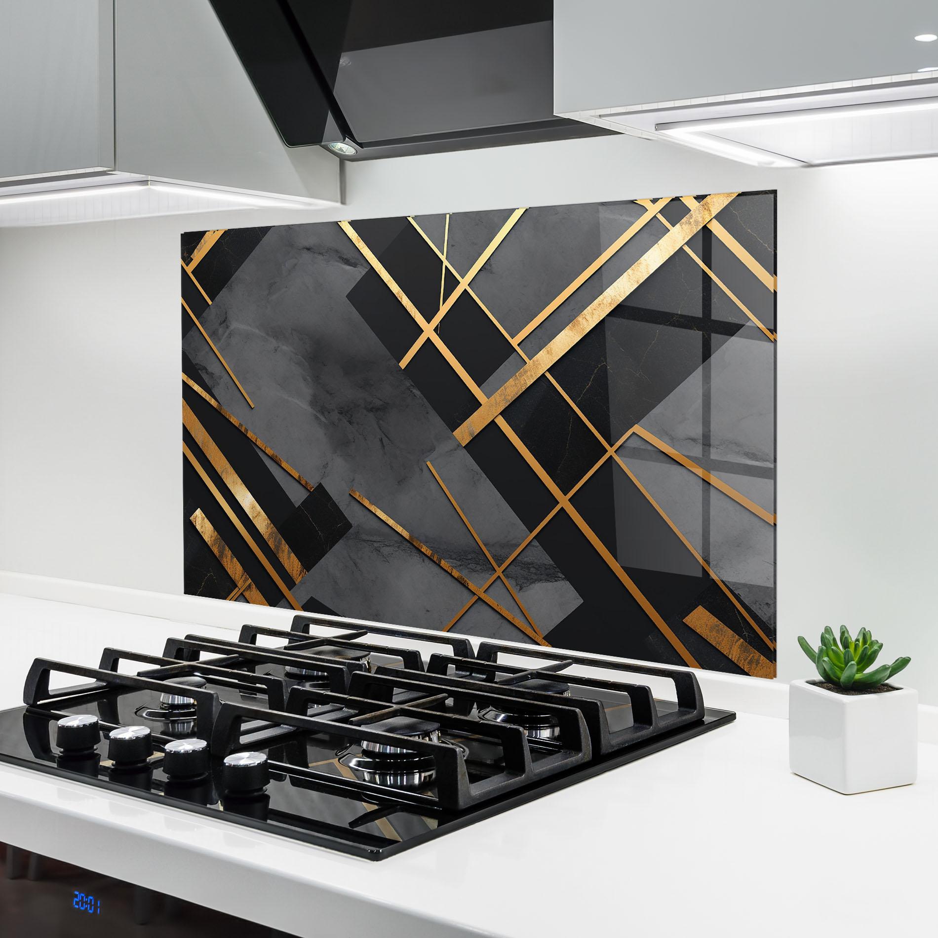 Panou Sticla Bucatarie Grey Painting With Gold Lines mockup 6