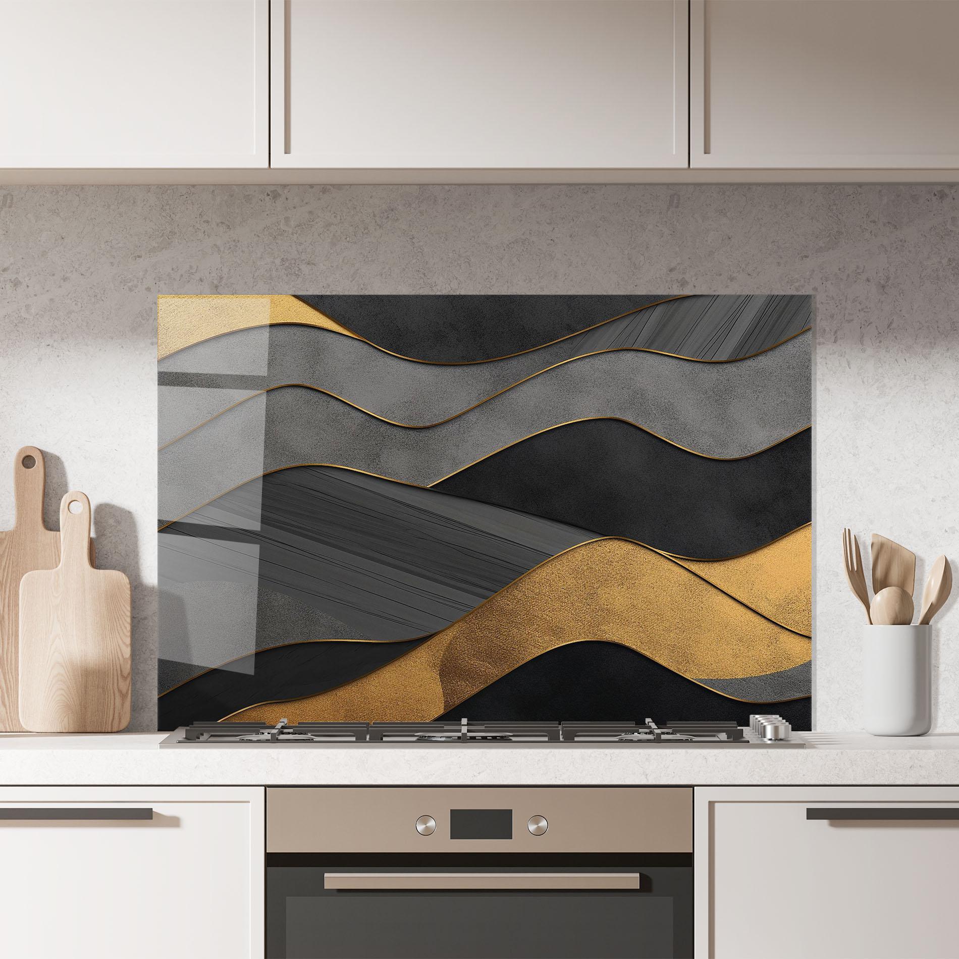 Panou Sticla Bucatarie Abstract Gold And Grey Waves mockup 7
