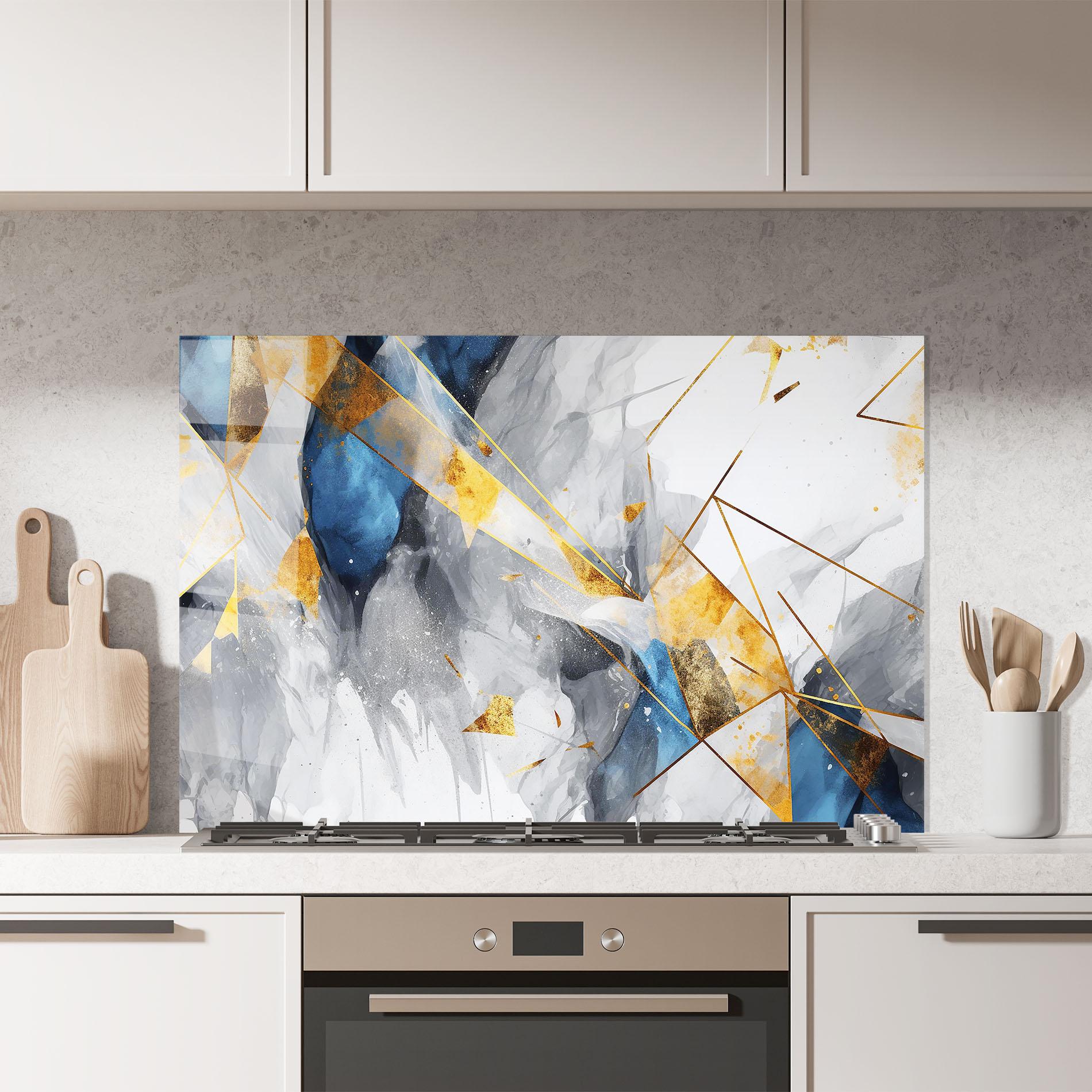 Panou Sticla Bucatarie Abstract Gold Blue Pattern mockup 7