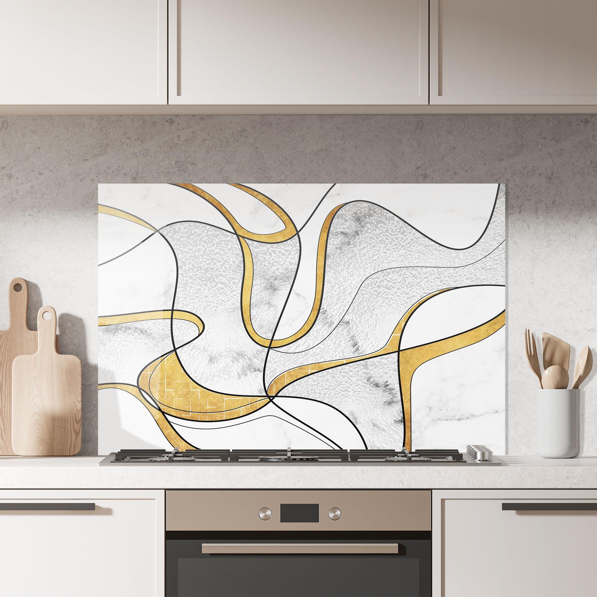 Panou Sticla Bucatarie Abstract Gold Lines mockup 7