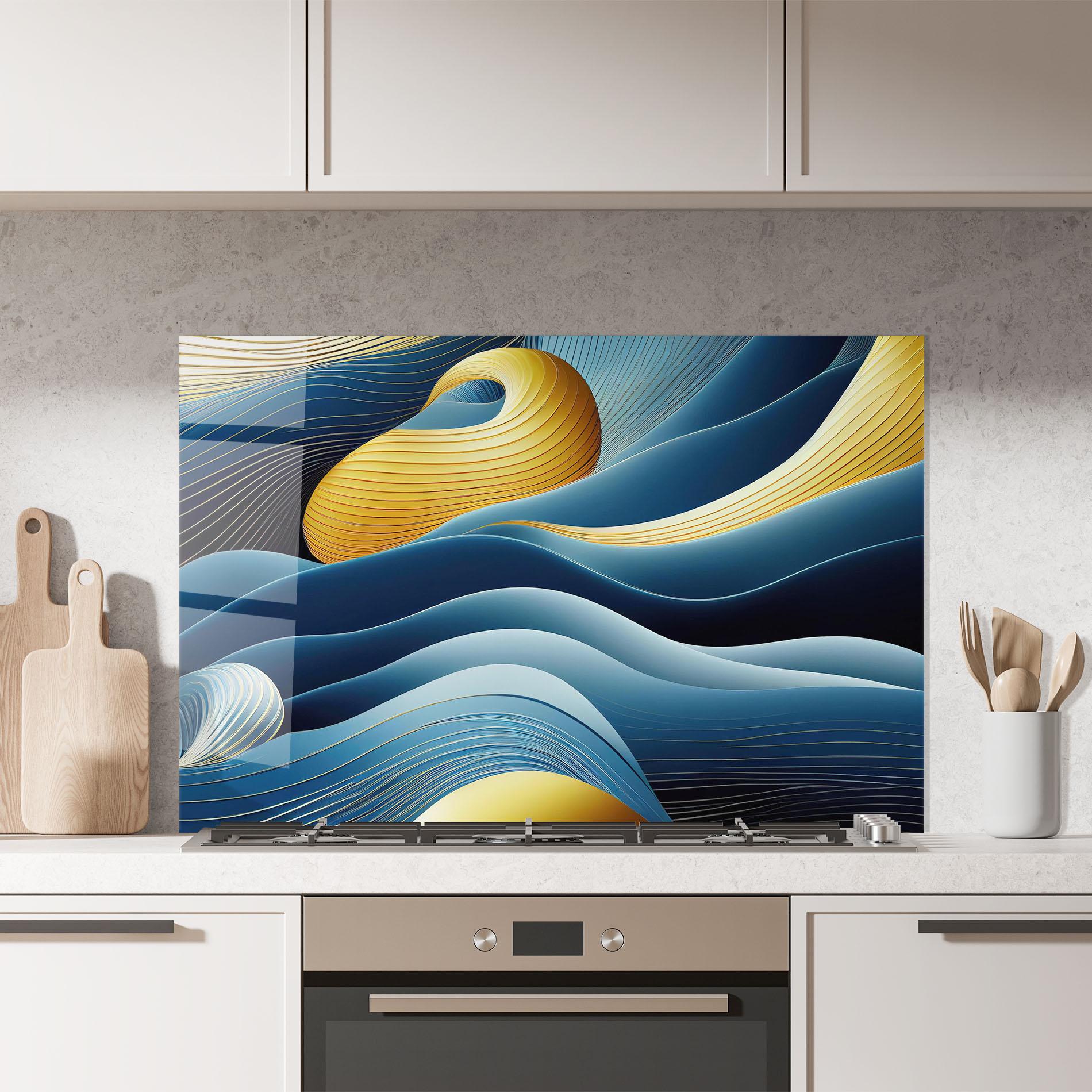 Panou Sticla Bucatarie Blue And Gold Wavy Curves mockup 7