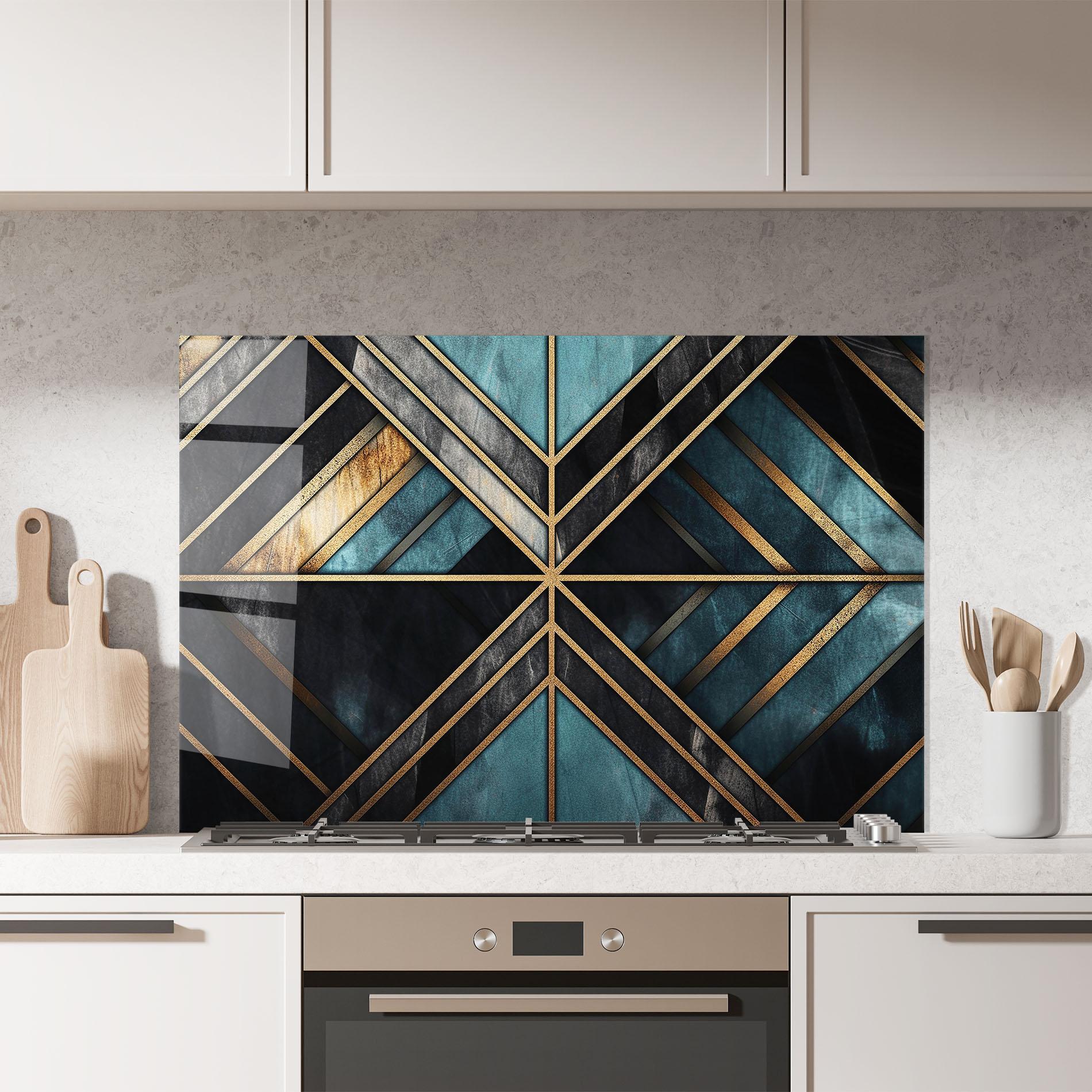 Panou Sticla Bucatarie Gold Lines On Blue Painting mockup 7